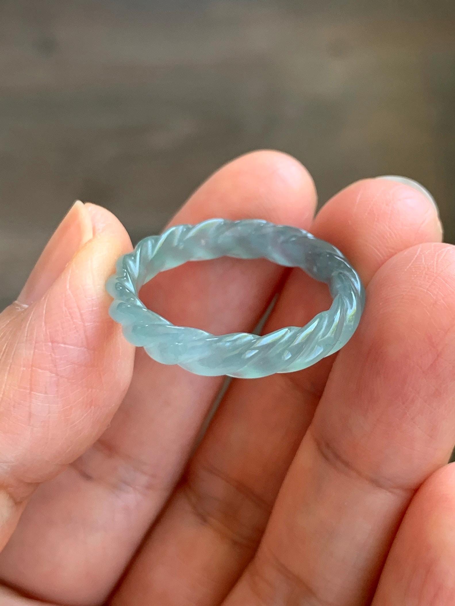 Natural Grade A Guatemalan Icy Highly Translucent Light Dusty Teal Jade Jadeite Carved Braid Band Ring Size 9.25 US 天然冰胶危浅蓝翡翠麻花戒圈 WMH350D