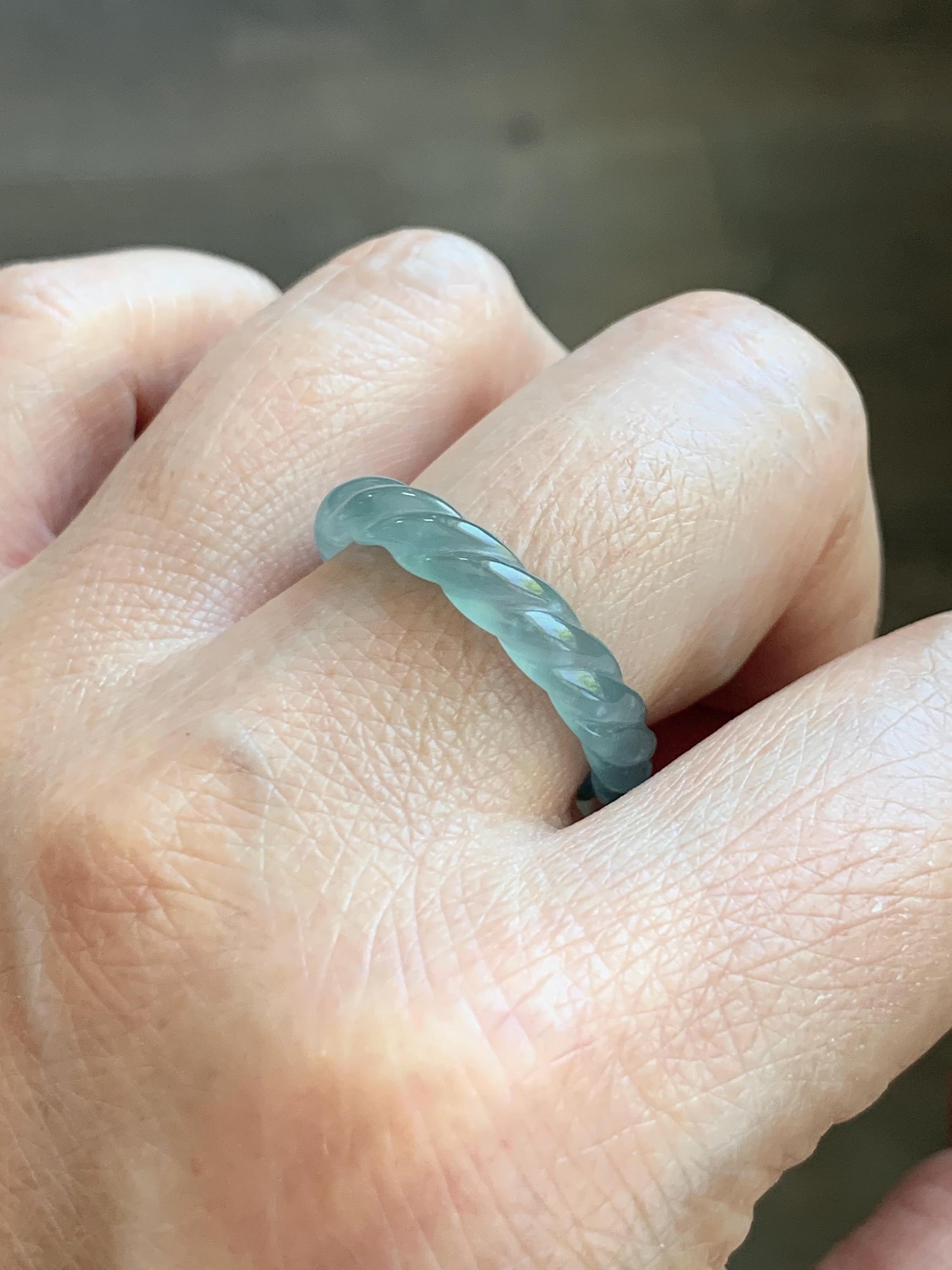 Natural Grade A Guatemalan Icy Highly Translucent Light Dusty Teal Jade Jadeite Carved Braid Band Ring Size 9.25 US 天然冰胶危浅蓝翡翠麻花戒圈 WMH350D