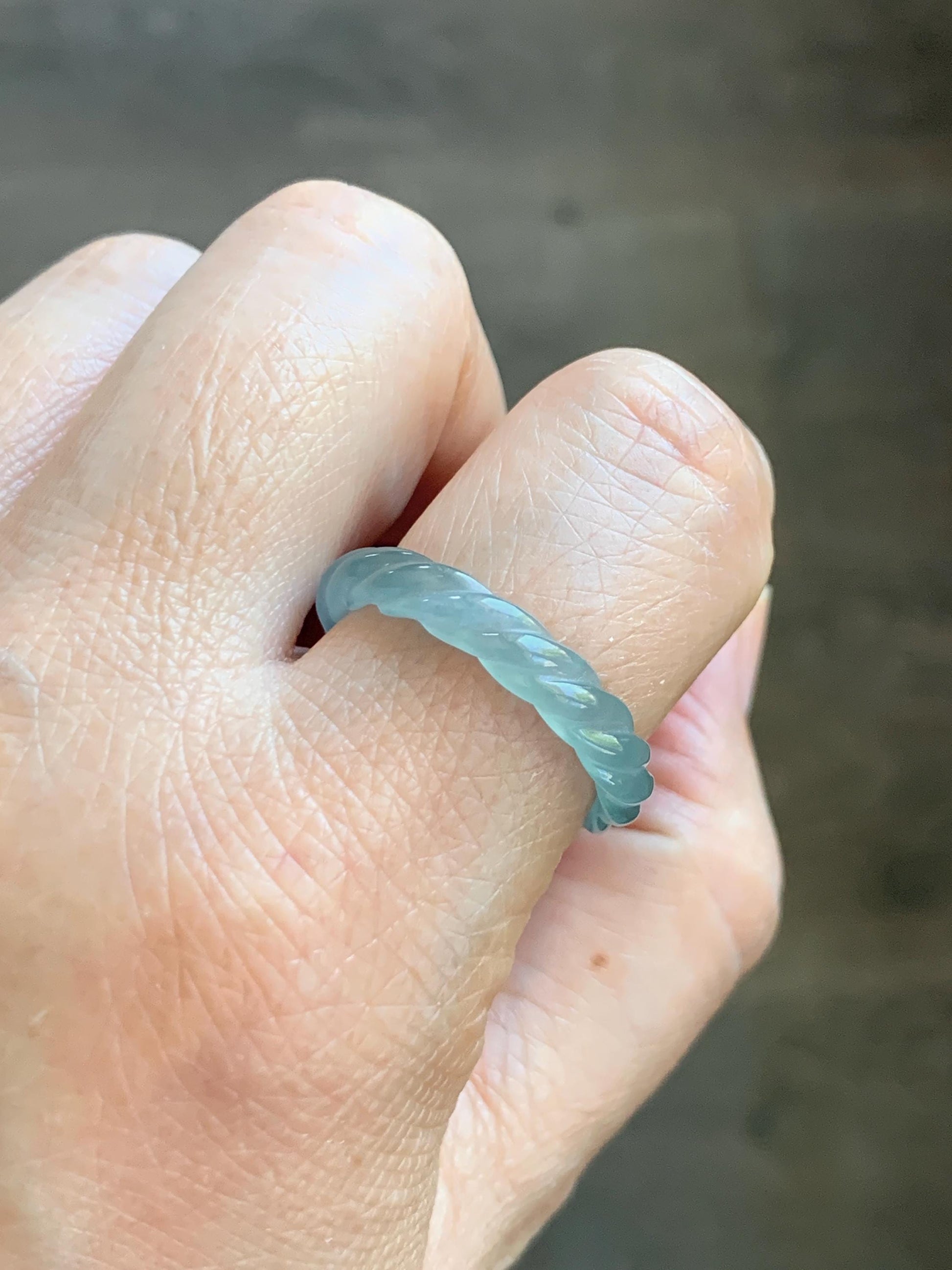 Natural Grade A Guatemalan Icy Highly Translucent Light Dusty Teal Jade Jadeite Carved Braid Band Ring Size 9.25 US 天然冰胶危浅蓝翡翠麻花戒圈 WMH350D