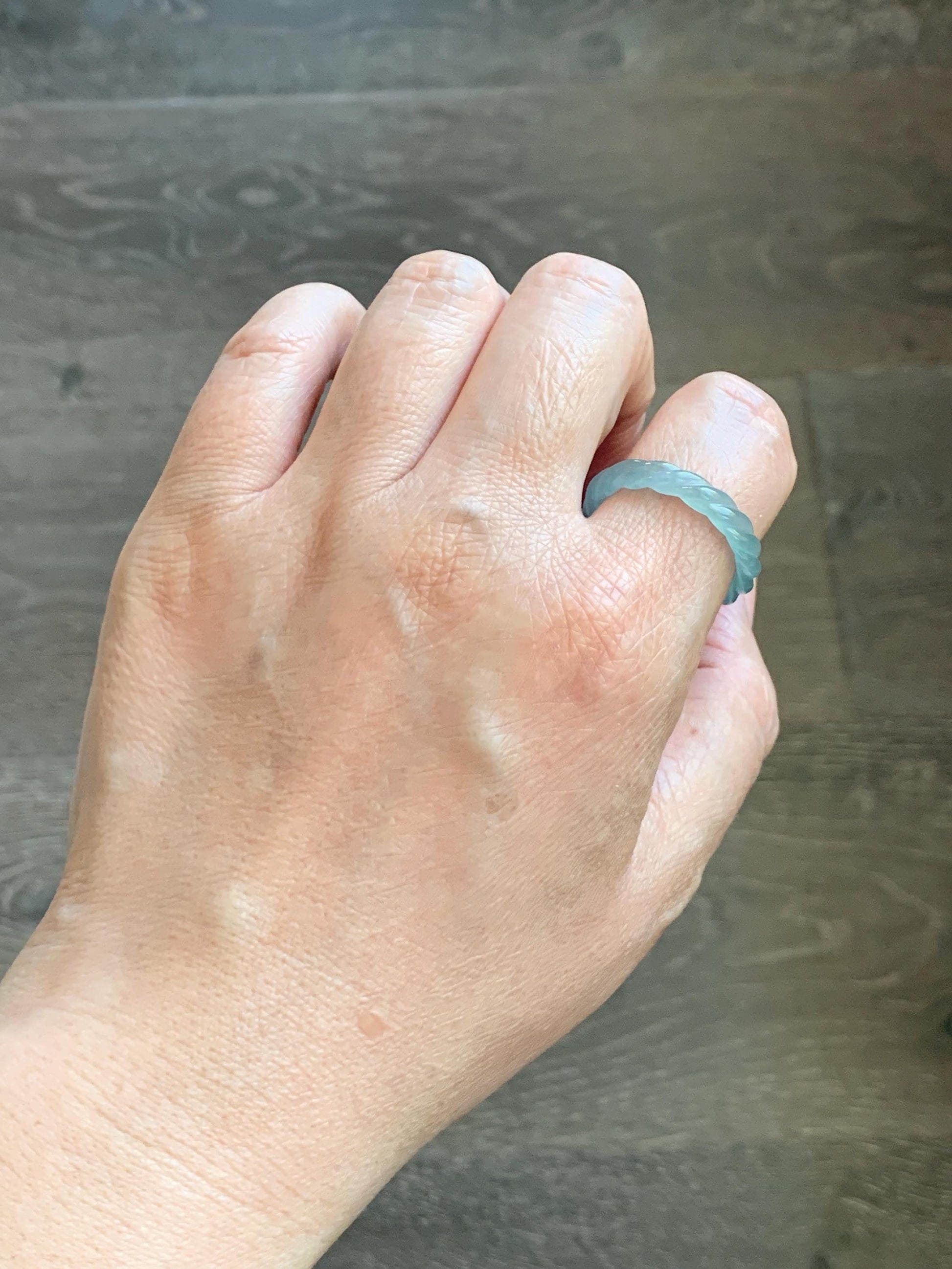 Natural Grade A Guatemalan Icy Highly Translucent Light Dusty Teal Jade Jadeite Carved Braid Band Ring Size 9.25 US 天然冰胶危浅蓝翡翠麻花戒圈 WMH350D
