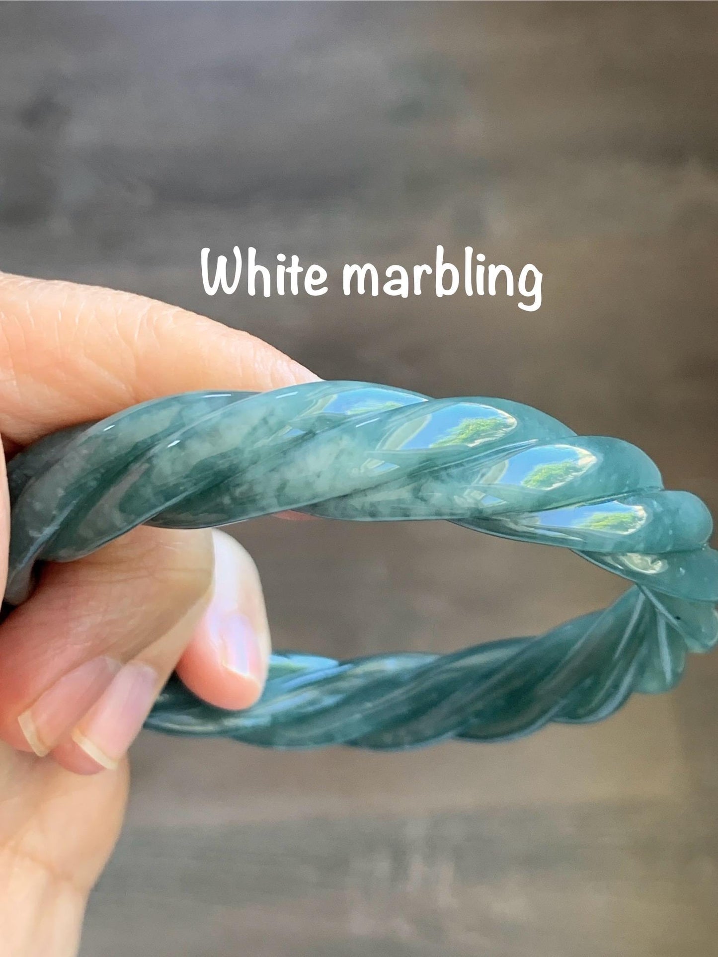 Certified Natural Grade A Guatemalan Icy Translucent Dark Dusty Teal Marbled Jade Jadeite Carved Braid Bangle 60.36m 7.46” 天然冰危深蓝绿翡翠麻花手镯 473