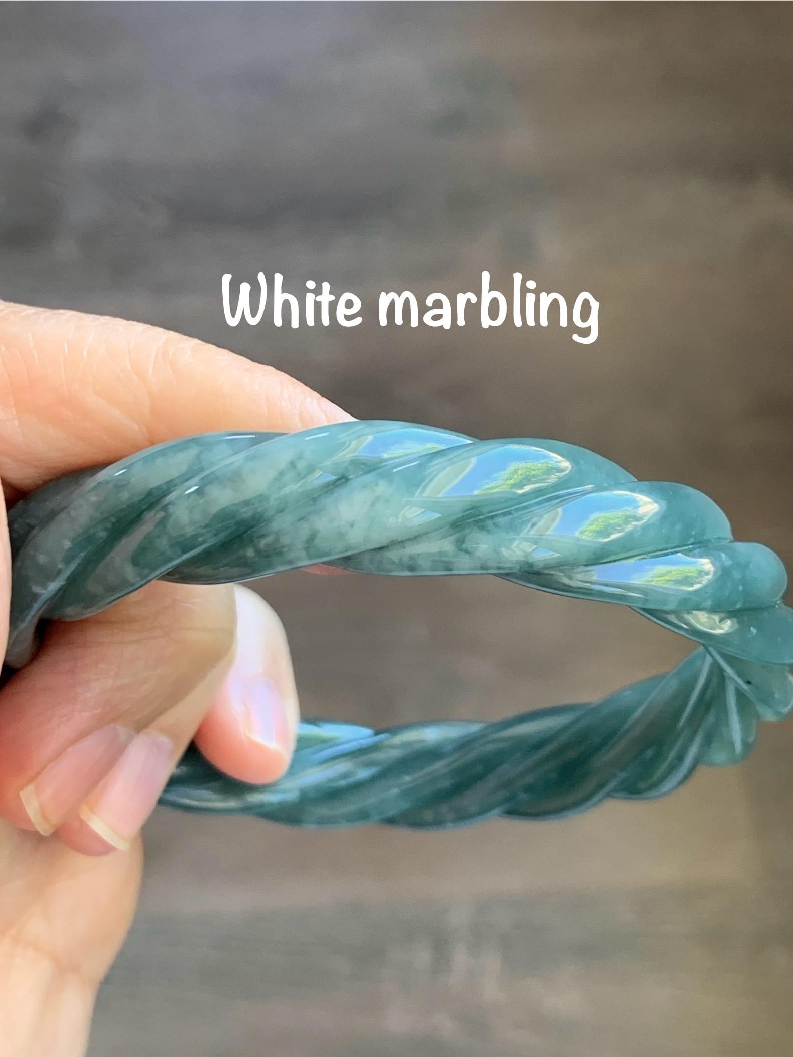 Certified Natural Grade A Guatemalan Icy Translucent Dark Dusty Teal Marbled Jade Jadeite Carved Braid Bangle 60.36m 7.46” 天然冰危深蓝绿翡翠麻花手镯 473