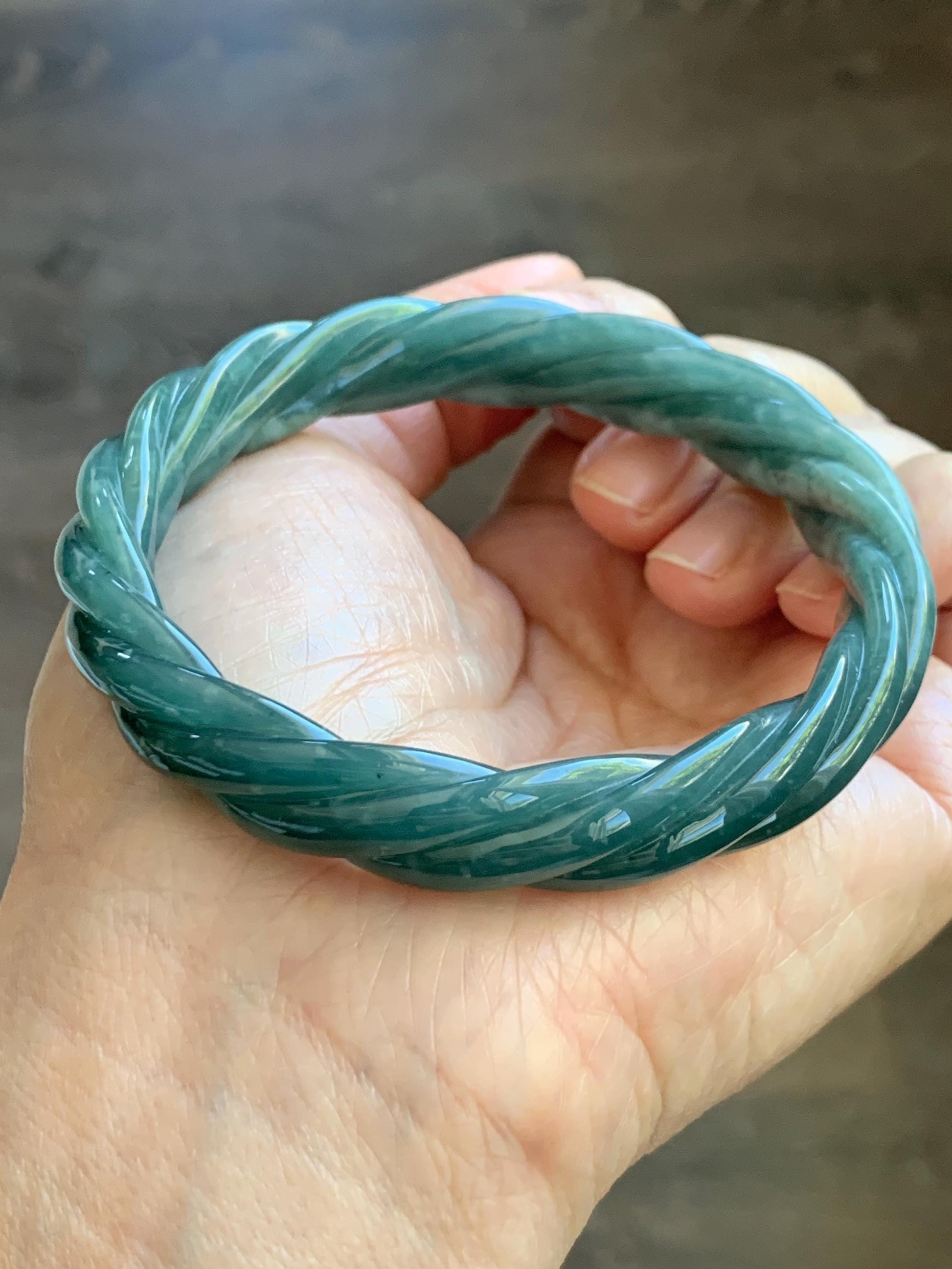 Certified Natural Grade A Guatemalan Icy Translucent Dark Dusty Teal Marbled Jade Jadeite Carved Braid Bangle 60.36m 7.46” 天然冰危深蓝绿翡翠麻花手镯 473