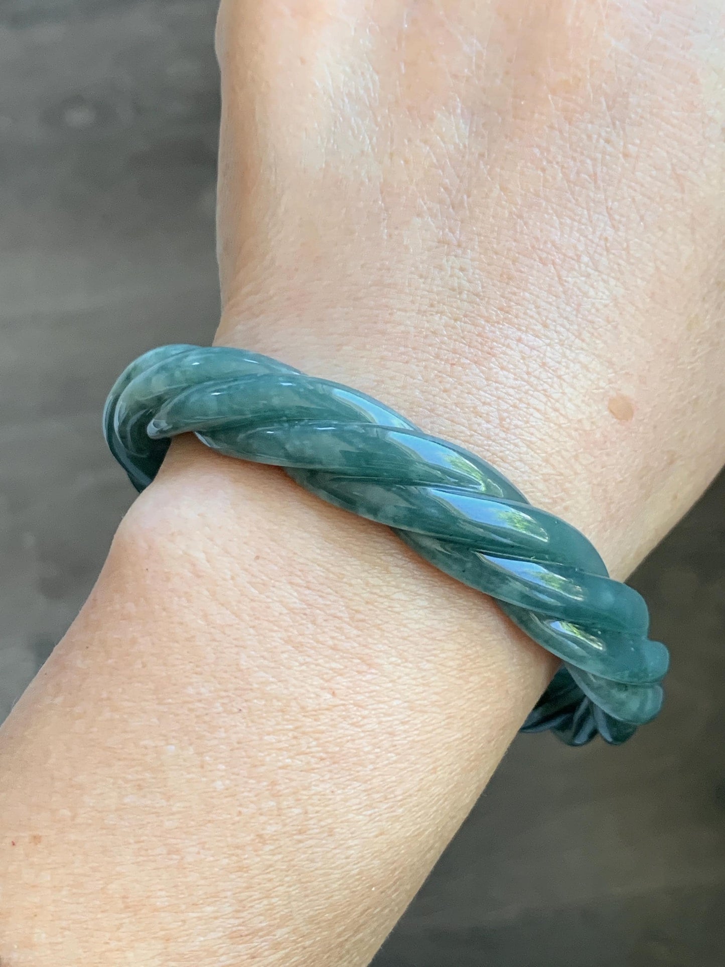 Certified Natural Grade A Guatemalan Icy Translucent Dark Dusty Teal Marbled Jade Jadeite Carved Braid Bangle 60.36m 7.46” 天然冰危深蓝绿翡翠麻花手镯 473