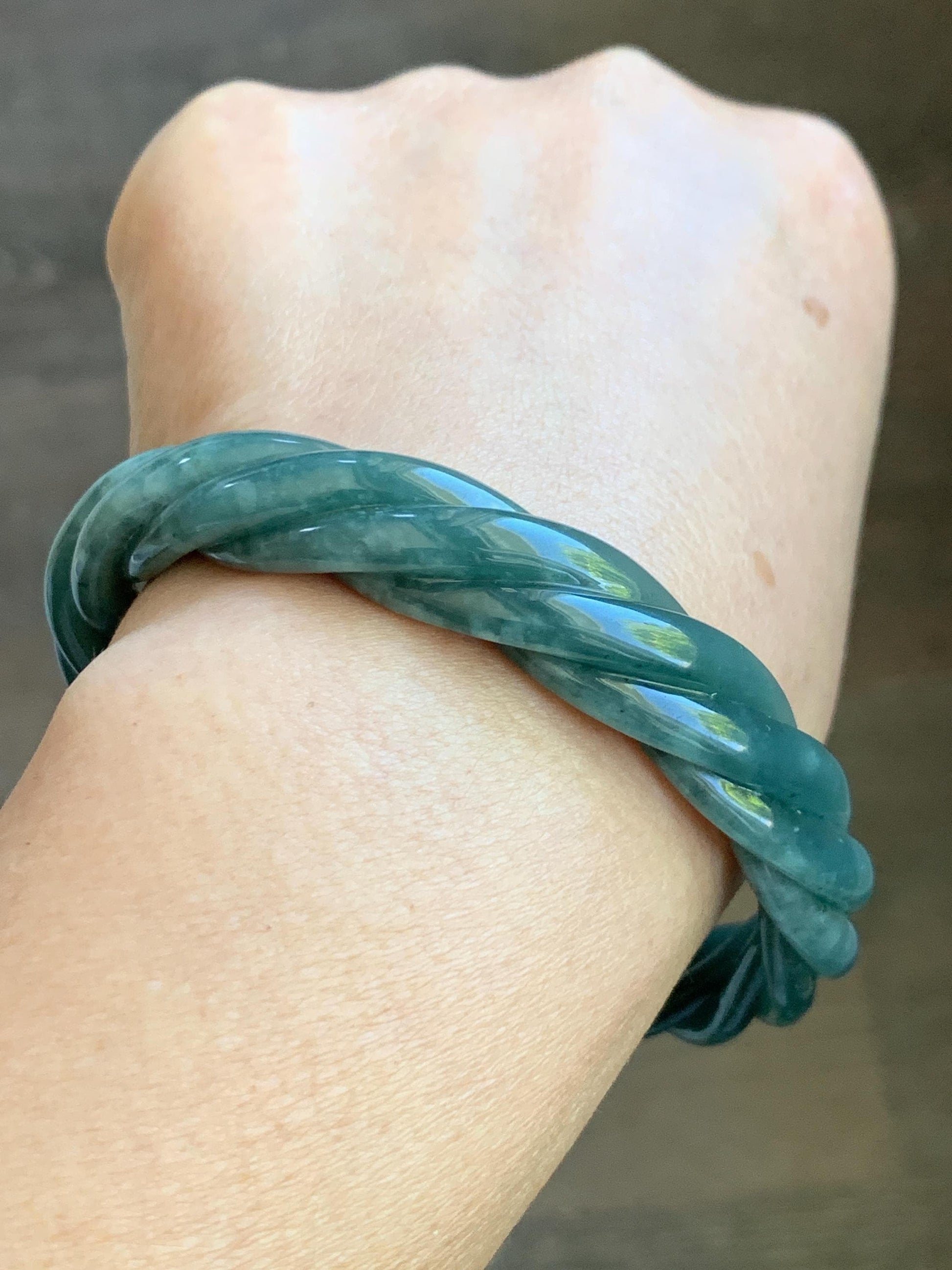 Certified Natural Grade A Guatemalan Icy Translucent Dark Dusty Teal Marbled Jade Jadeite Carved Braid Bangle 60.36m 7.46” 天然冰危深蓝绿翡翠麻花手镯 473
