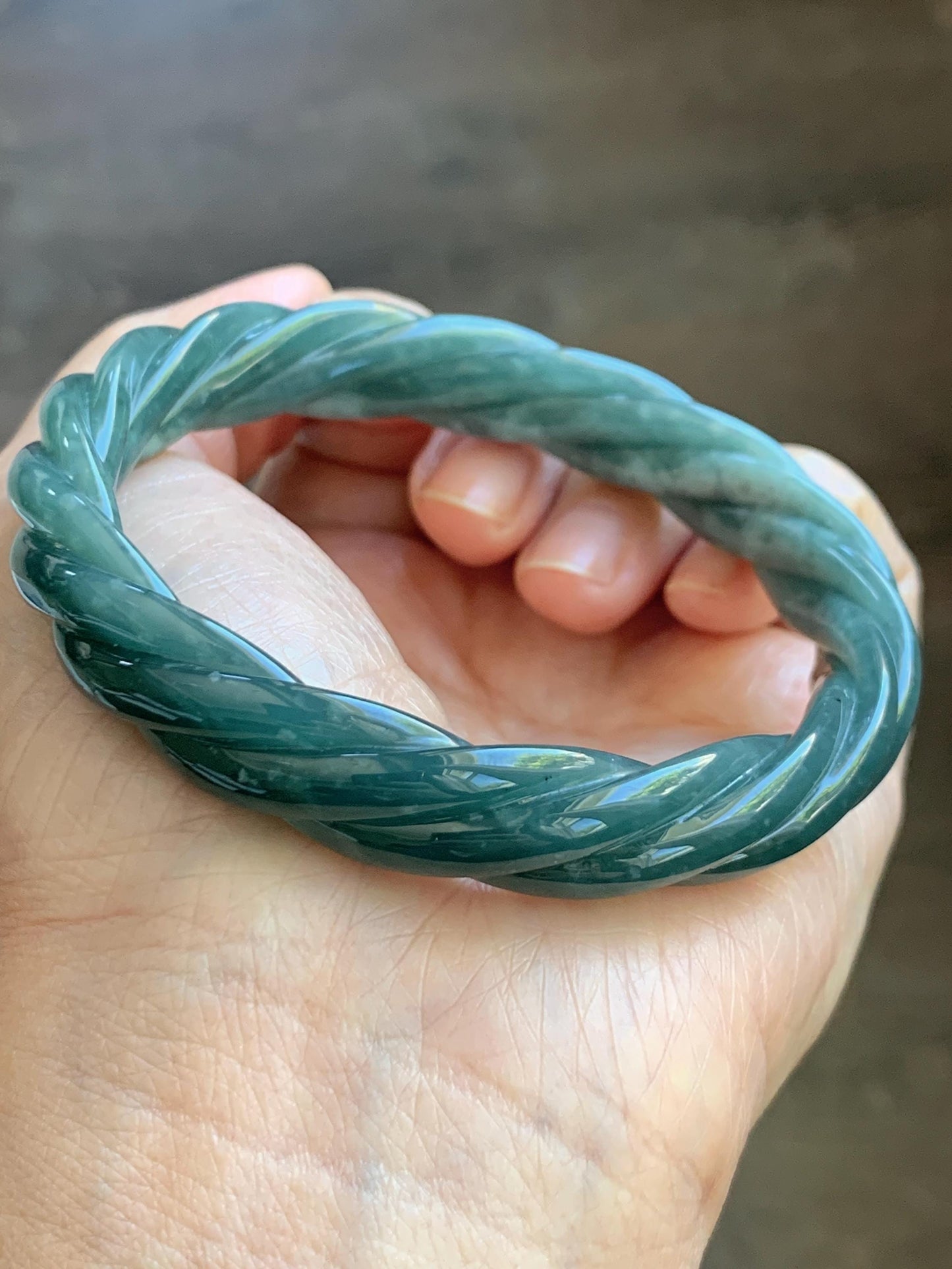 Certified Natural Grade A Guatemalan Icy Translucent Dark Dusty Teal Marbled Jade Jadeite Carved Braid Bangle 60.36m 7.46” 天然冰危深蓝绿翡翠麻花手镯 473