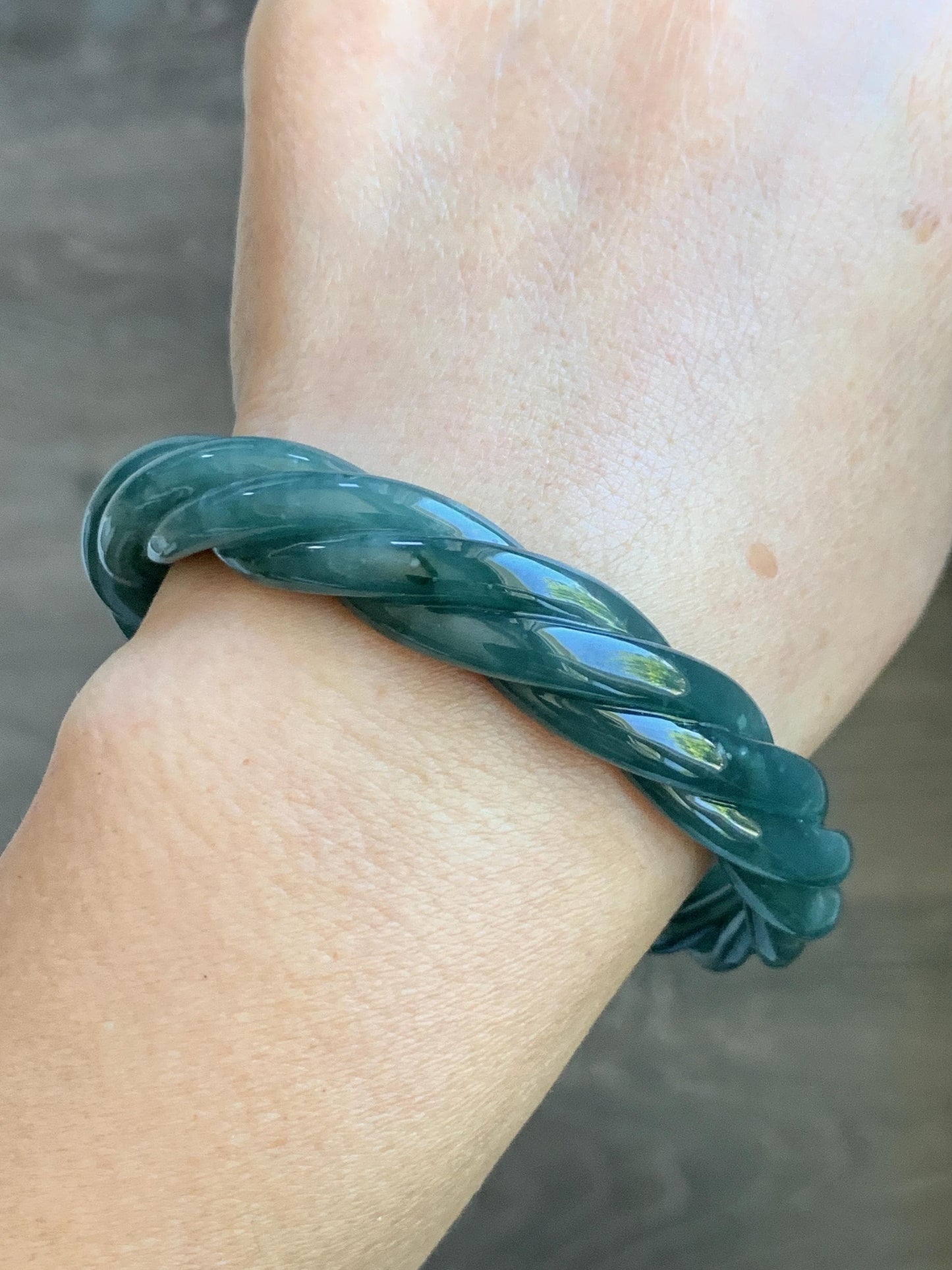 Certified Natural Grade A Guatemalan Icy Translucent Dark Dusty Teal Marbled Jade Jadeite Carved Braid Bangle 60.36m 7.46” 天然冰危深蓝绿翡翠麻花手镯 473