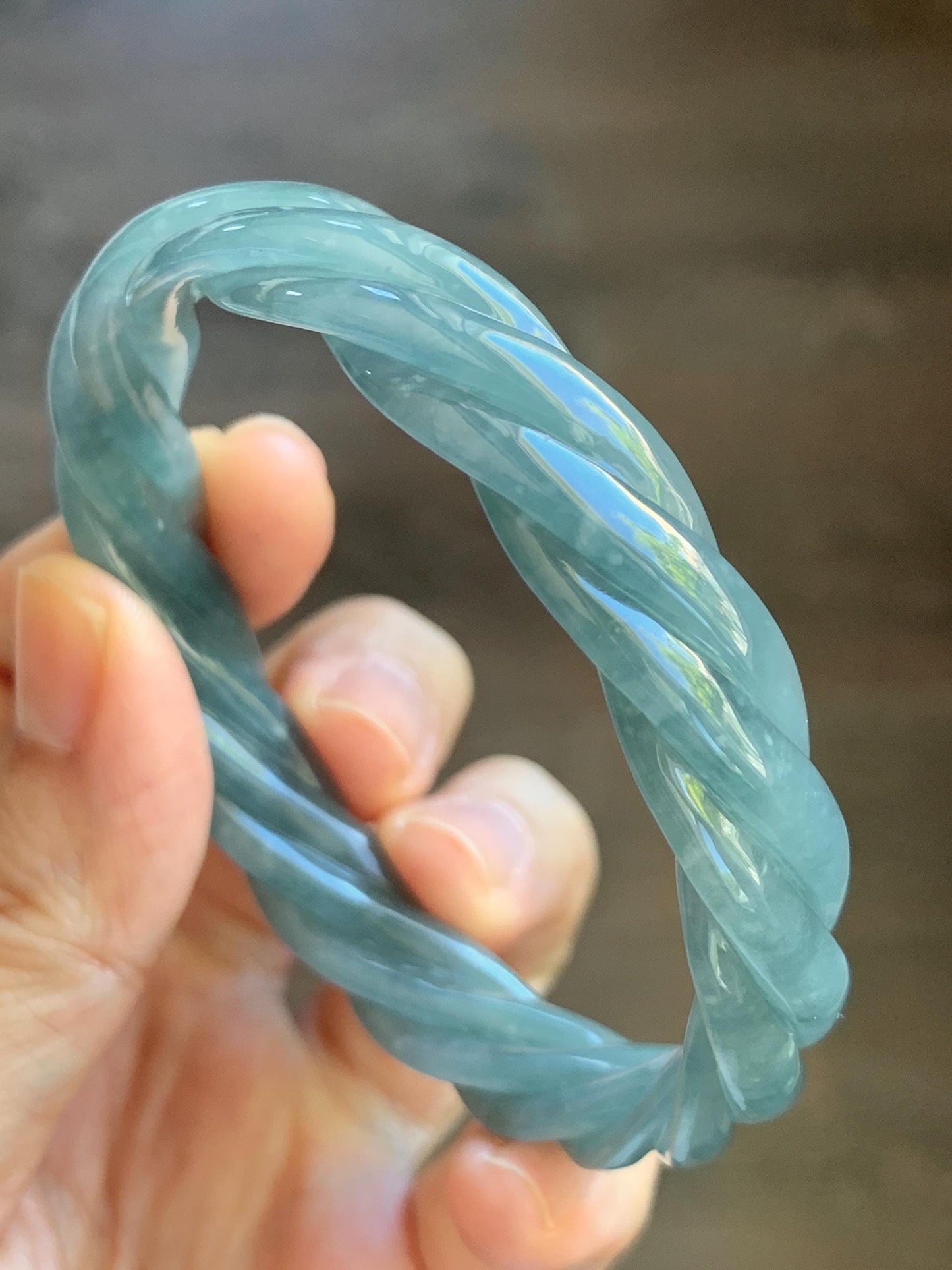 Certified Natural Grade A Guatemalan Icy Translucent Dark Dusty Blue Jade Jadeite Carved Braid Bangle 57.59mm 7.12” 33g 天然冰危暗蓝翡翠麻花手镯 488