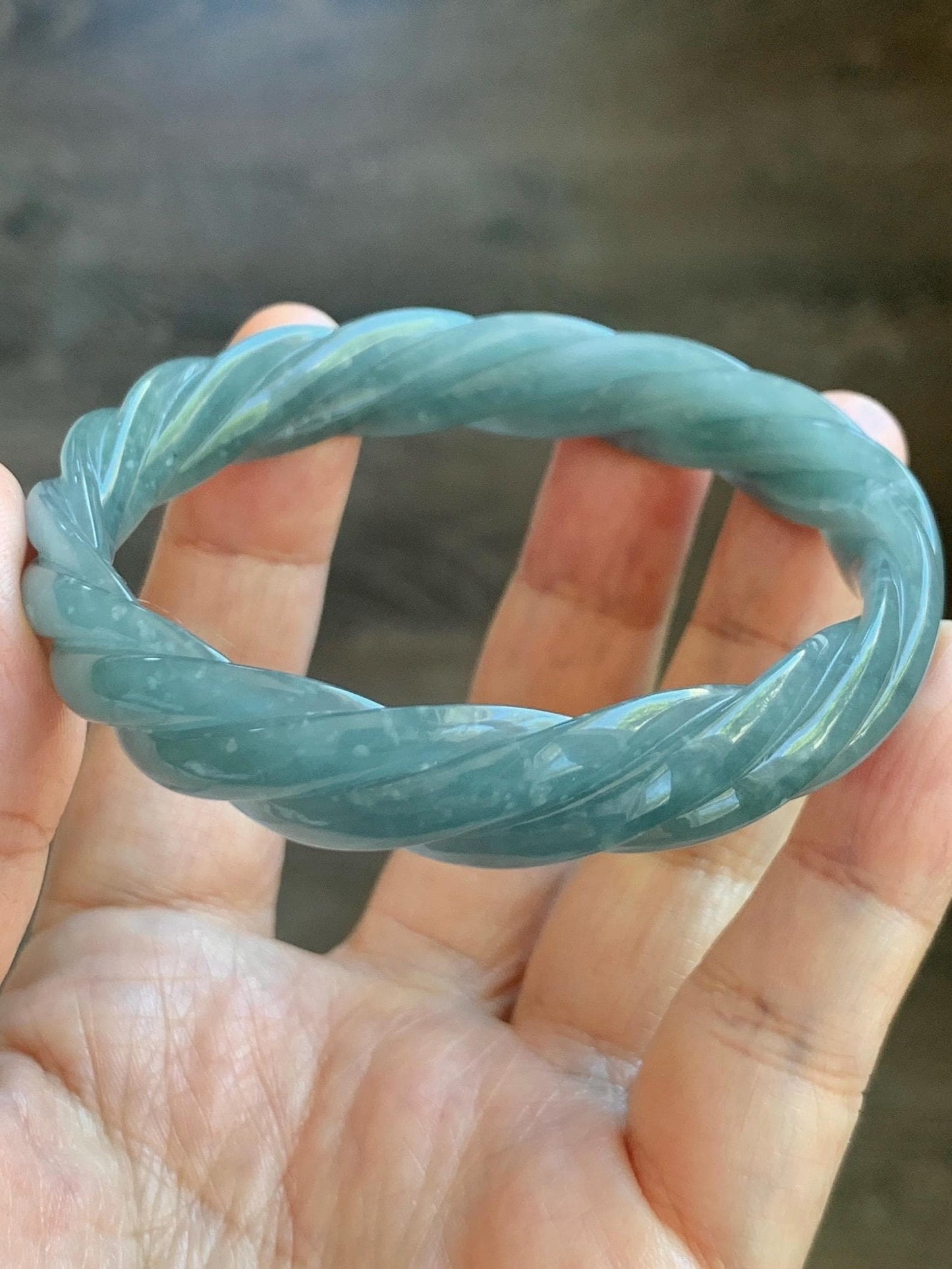 Certified Natural Grade A Guatemalan Icy Translucent Dark Dusty Blue Jade Jadeite Carved Braid Bangle 57.59mm 7.12” 33g 天然冰危暗蓝翡翠麻花手镯 488