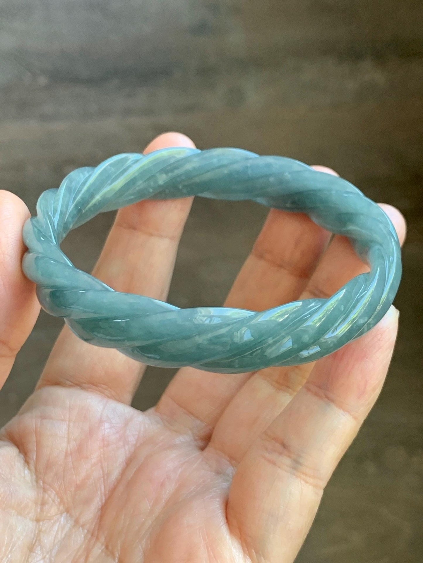 Certified Natural Grade A Guatemalan Icy Translucent Dark Dusty Blue Jade Jadeite Carved Braid Bangle 57.59mm 7.12” 33g 天然冰危暗蓝翡翠麻花手镯 488