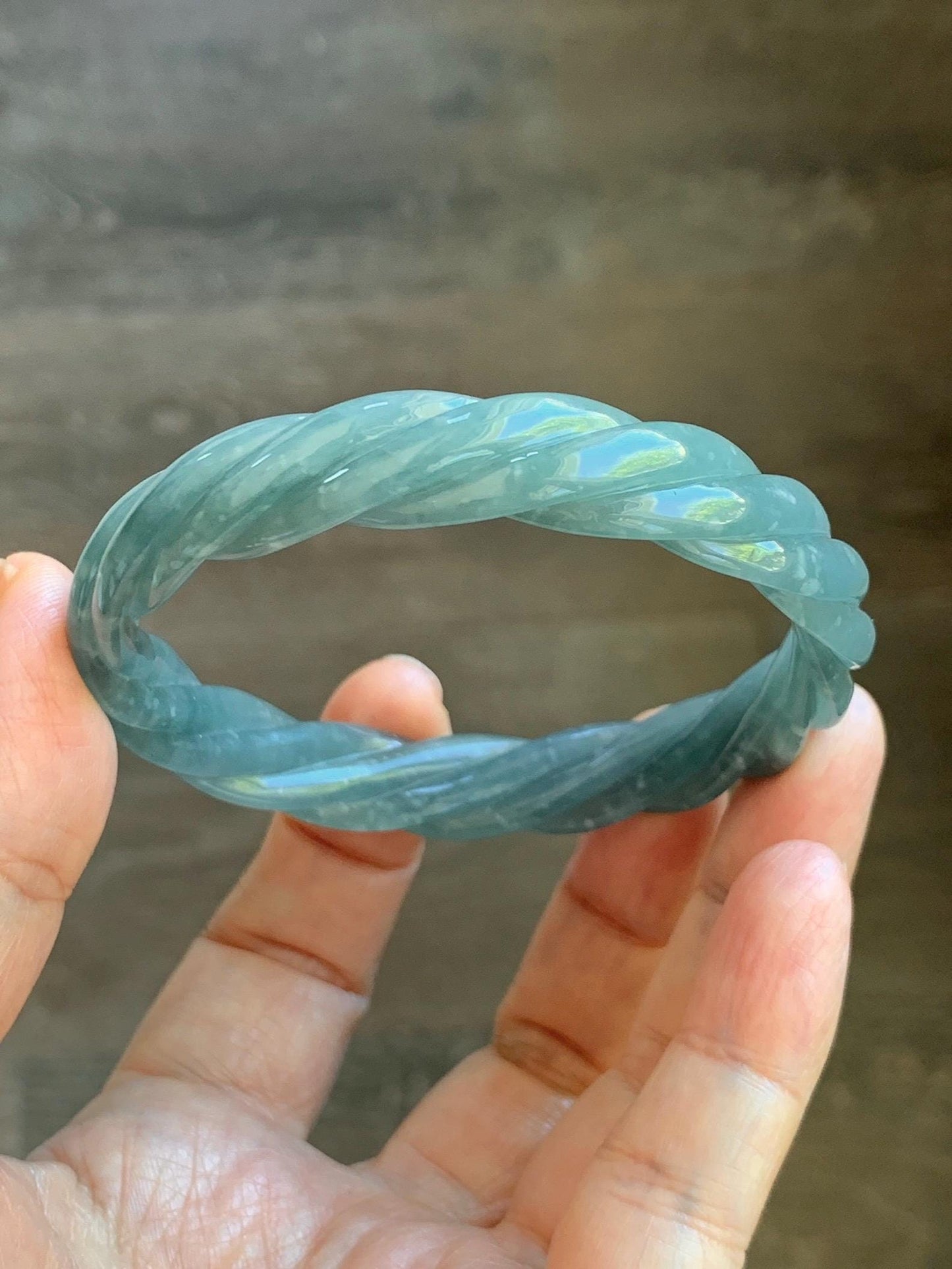 Certified Natural Grade A Guatemalan Icy Translucent Dark Dusty Blue Jade Jadeite Carved Braid Bangle 57.59mm 7.12” 33g 天然冰危暗蓝翡翠麻花手镯 488