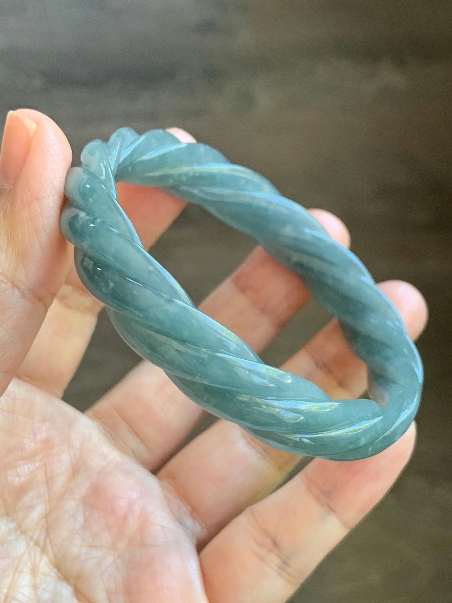 Certified Natural Grade A Guatemalan Icy Translucent Dark Dusty Blue Jade Jadeite Carved Braid Bangle 57.59mm 7.12” 33g 天然冰危暗蓝翡翠麻花手镯 488