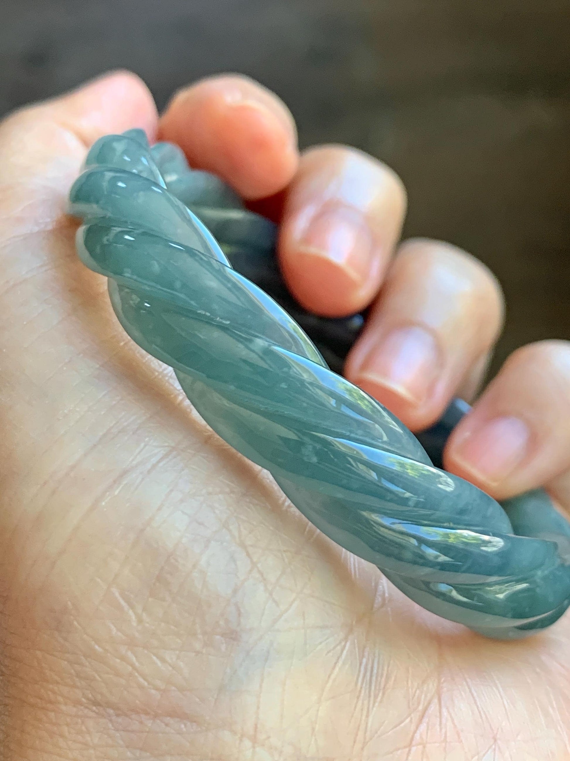 Certified Natural Grade A Guatemalan Icy Translucent Dark Dusty Blue Jade Jadeite Carved Braid Bangle 57.59mm 7.12” 33g 天然冰危暗蓝翡翠麻花手镯 488
