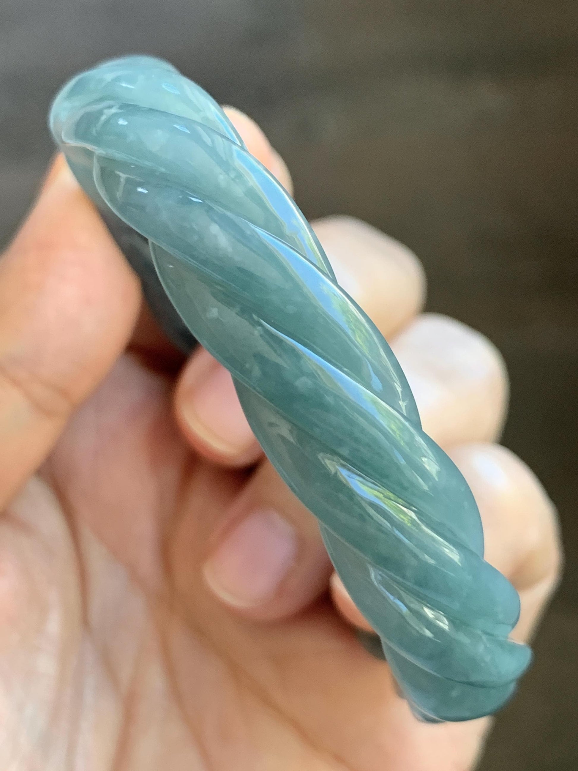 Certified Natural Grade A Guatemalan Icy Translucent Dark Dusty Blue Jade Jadeite Carved Braid Bangle 57.59mm 7.12” 33g 天然冰危暗蓝翡翠麻花手镯 488