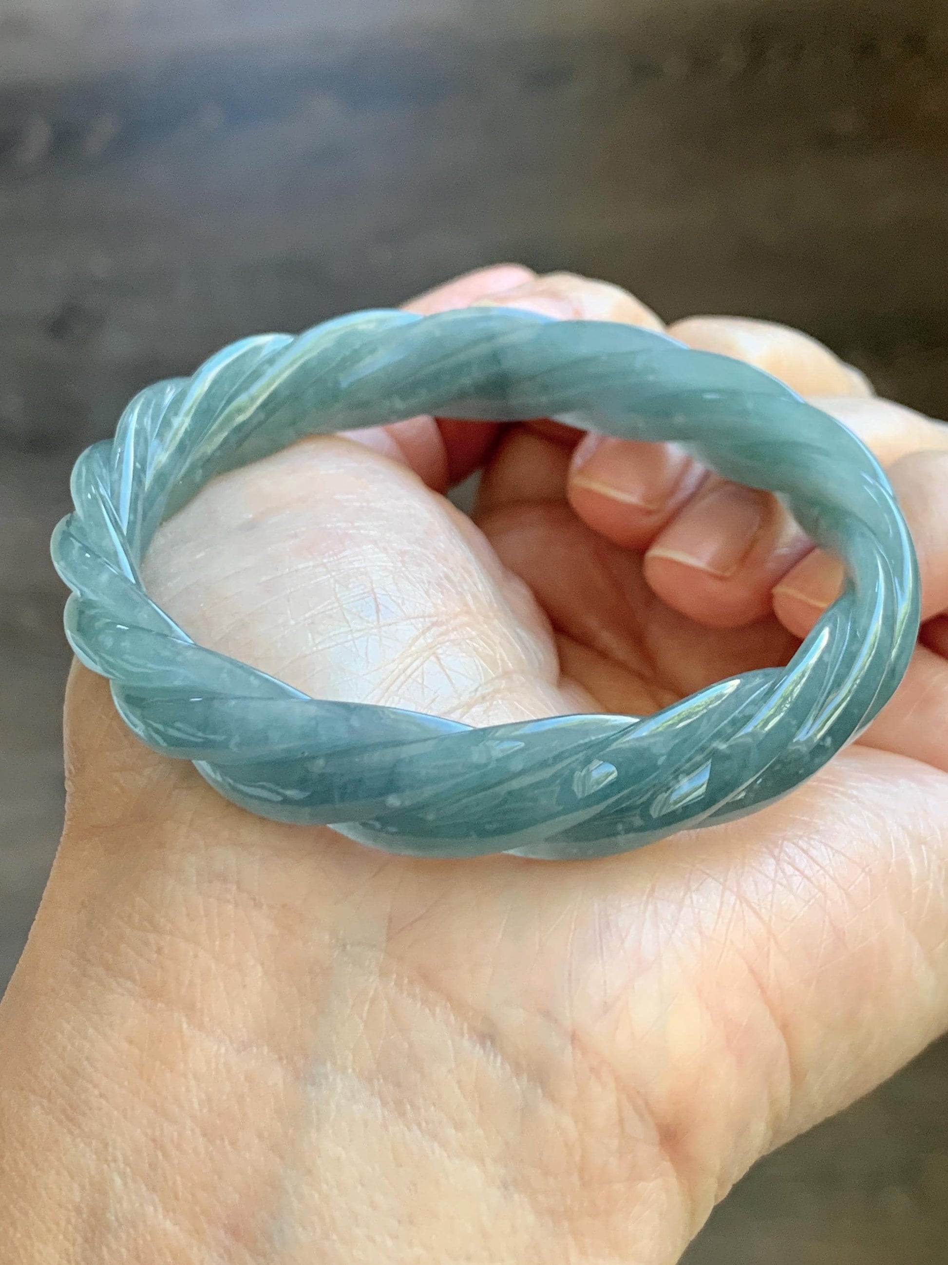 Certified Natural Grade A Guatemalan Icy Translucent Dark Dusty Blue Jade Jadeite Carved Braid Bangle 57.59mm 7.12” 33g 天然冰危暗蓝翡翠麻花手镯 488
