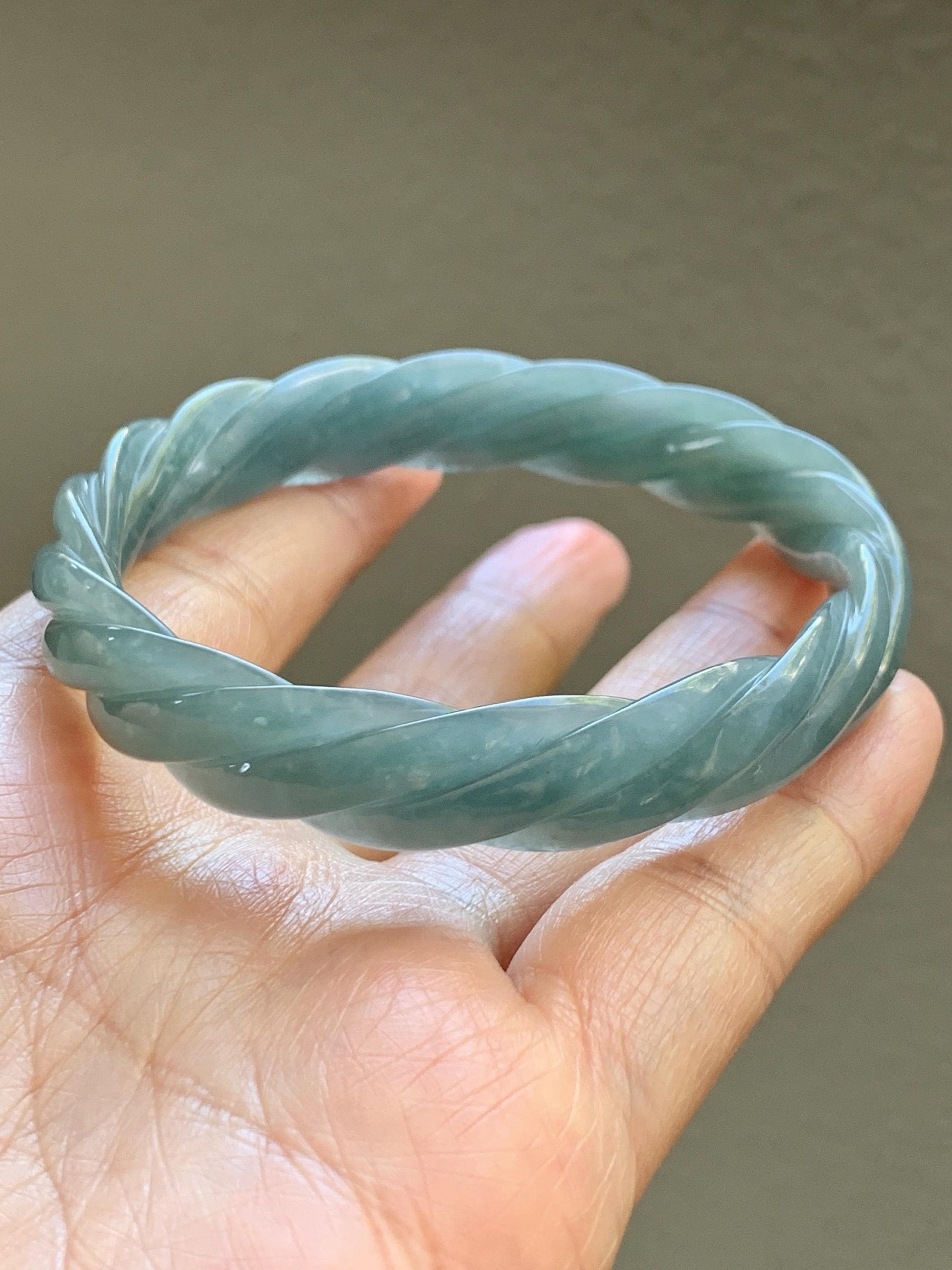 Certified Natural Grade A Guatemalan Icy Translucent Dark Dusty Blue Jade Jadeite Carved Braid Bangle 57.59mm 7.12” 33g 天然冰危暗蓝翡翠麻花手镯 488