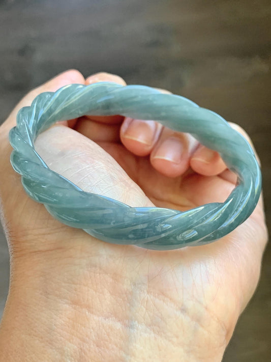 Certified Natural Grade A Guatemalan Icy Translucent Dark Dusty Blue Jade Jadeite Carved Braid Bangle 57.59mm 7.12” 33g 天然冰危暗蓝翡翠麻花手镯 488