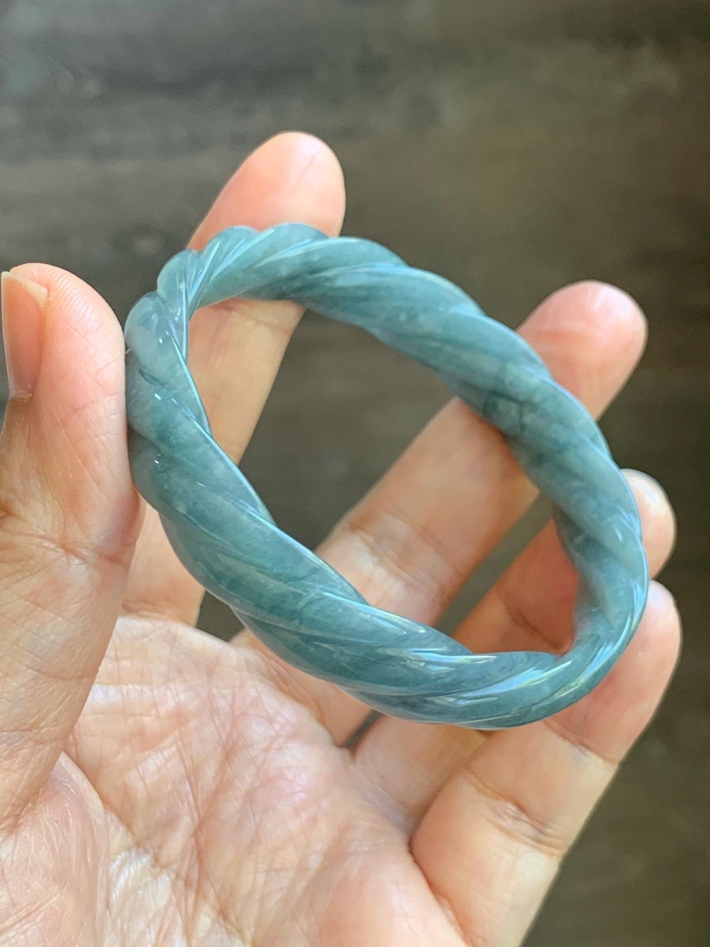 Certified Natural Grade A Guatemalan Icy Translucent Dark Dusty Blue Jade Jadeite Carved Braid Bangle 54.69mm 6.76” 26g 天然冰危暗蓝翡翠麻花手镯 472