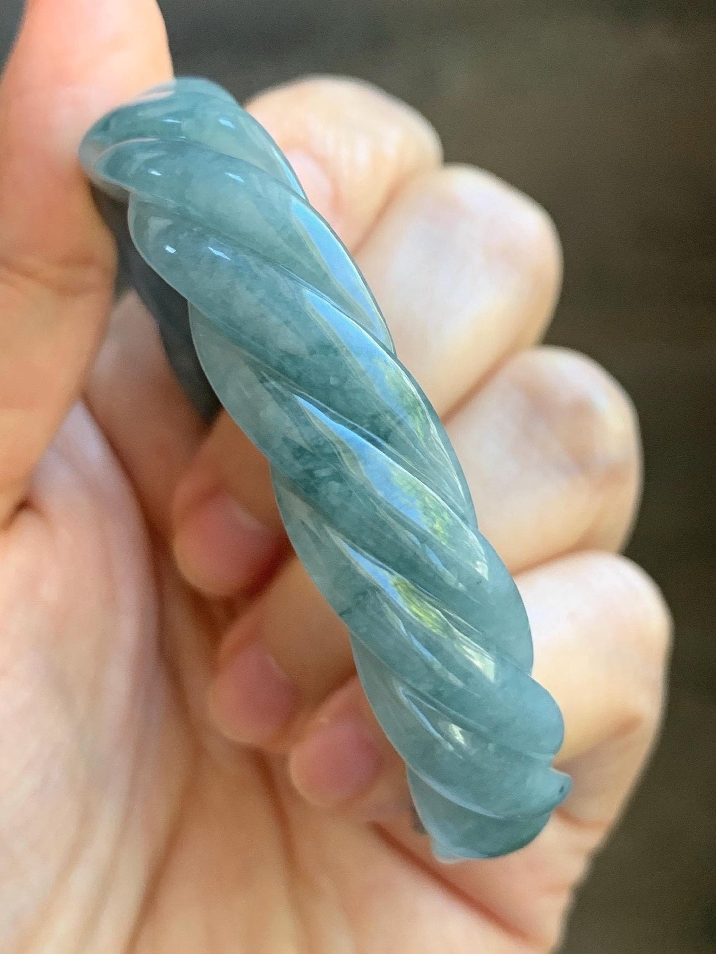 Certified Natural Grade A Guatemalan Icy Translucent Dark Dusty Blue Jade Jadeite Carved Braid Bangle 54.69mm 6.76” 26g 天然冰危暗蓝翡翠麻花手镯 472
