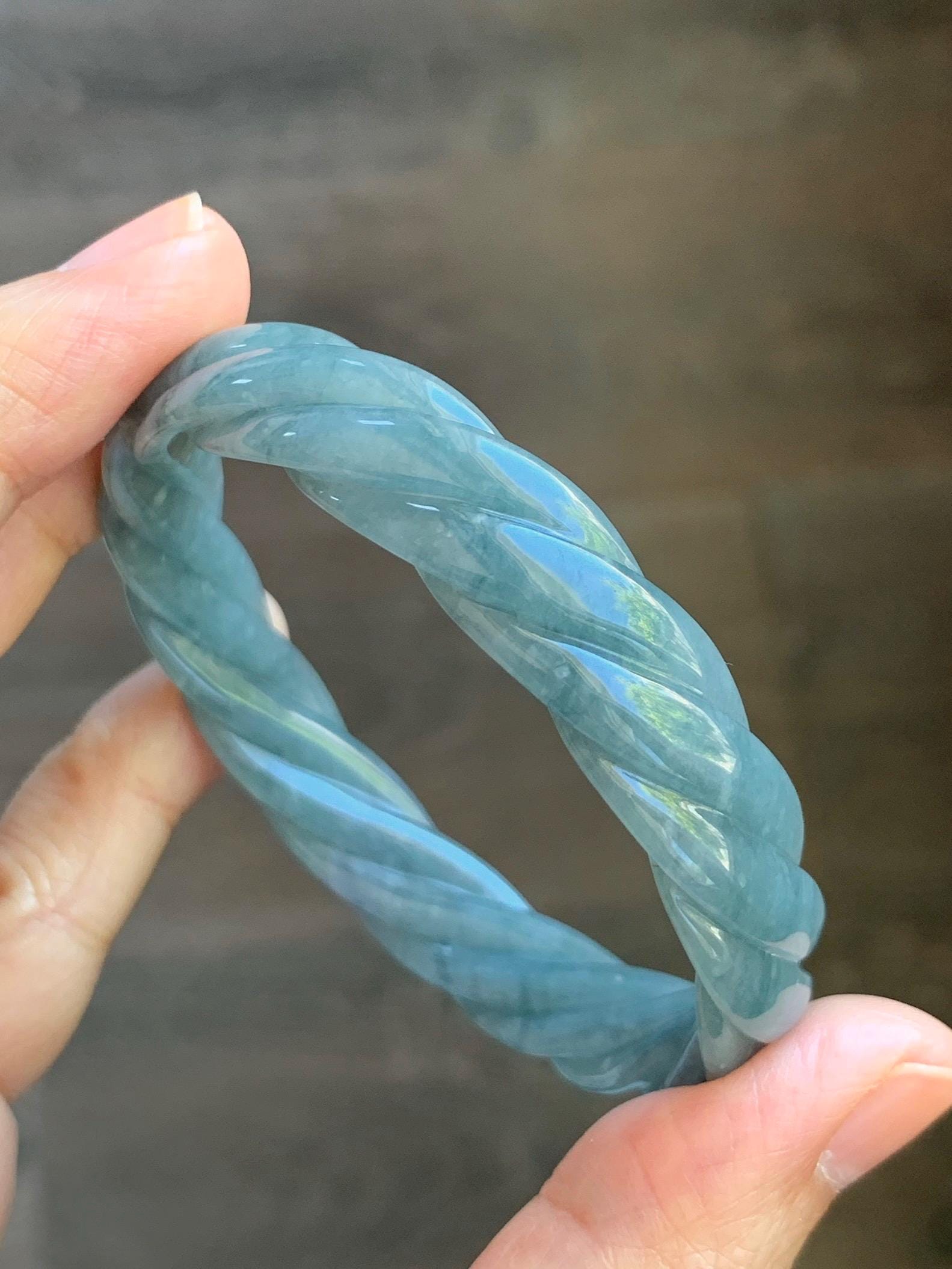 Certified Natural Grade A Guatemalan Icy Translucent Dark Dusty Blue Jade Jadeite Carved Braid Bangle 54.69mm 6.76” 26g 天然冰危暗蓝翡翠麻花手镯 472