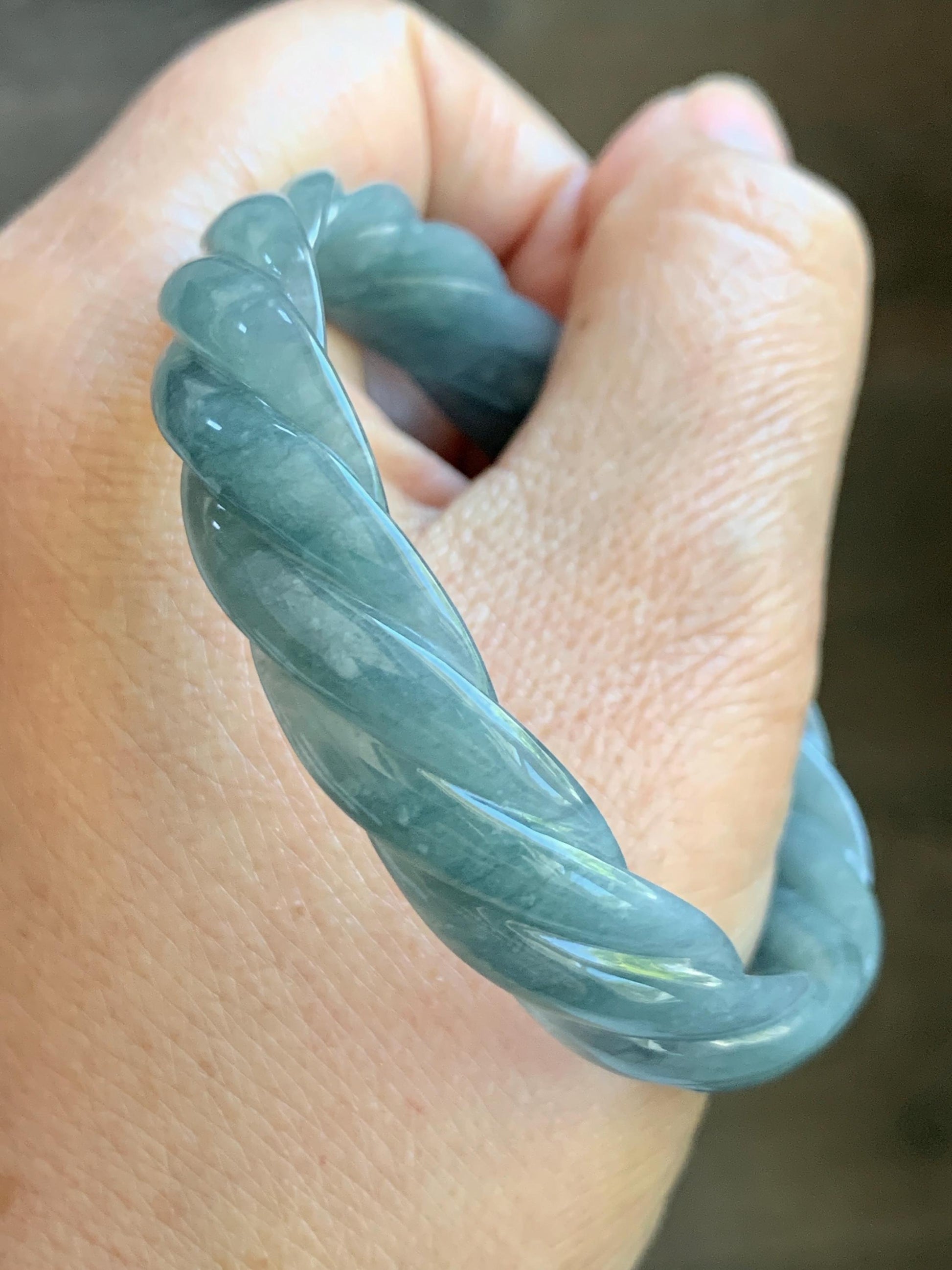 Certified Natural Grade A Guatemalan Icy Translucent Dark Dusty Blue Jade Jadeite Carved Braid Bangle 54.69mm 6.76” 26g 天然冰危暗蓝翡翠麻花手镯 472