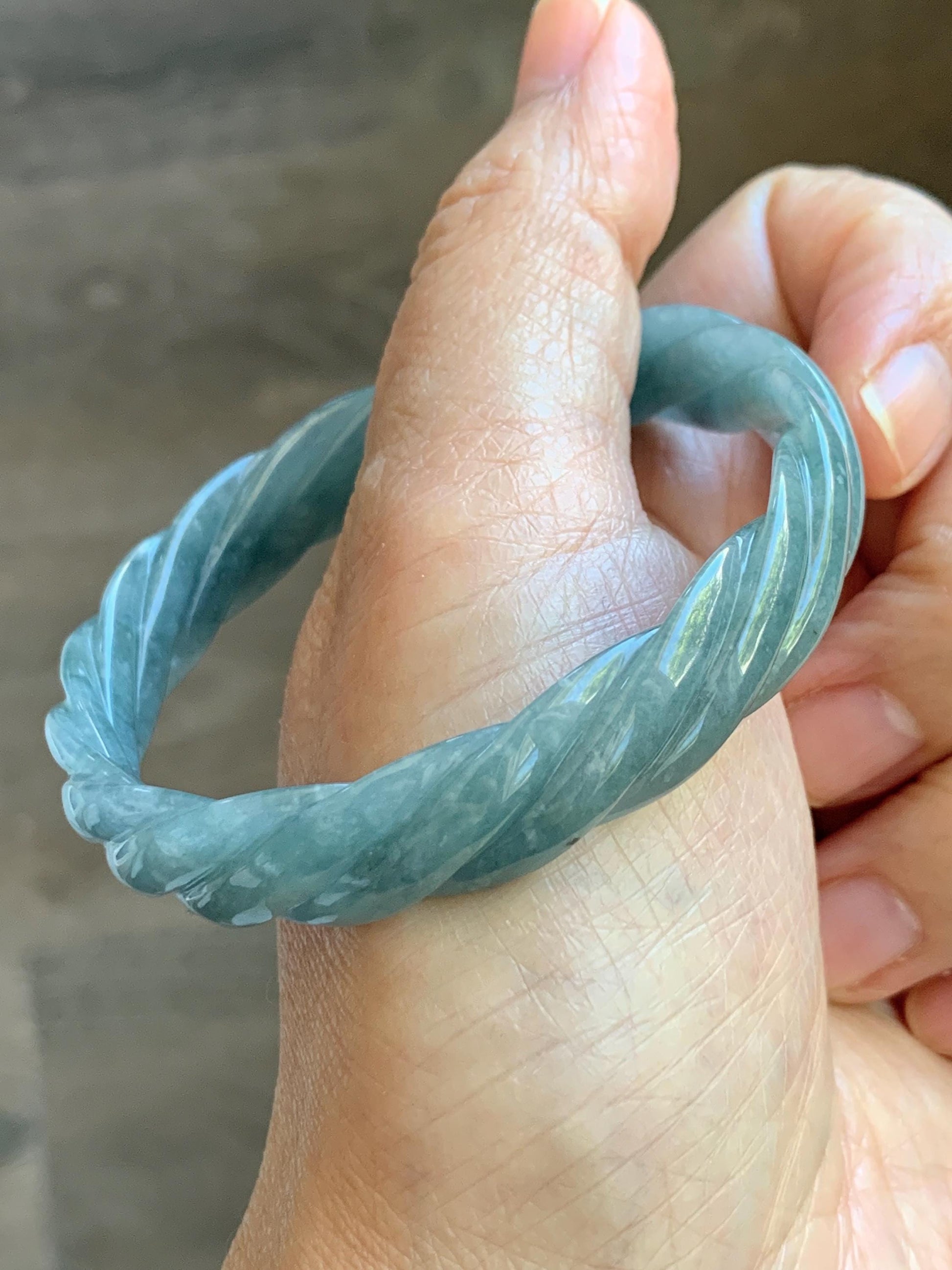 Certified Natural Grade A Guatemalan Icy Translucent Dark Dusty Blue Jade Jadeite Carved Braid Bangle 54.69mm 6.76” 26g 天然冰危暗蓝翡翠麻花手镯 472