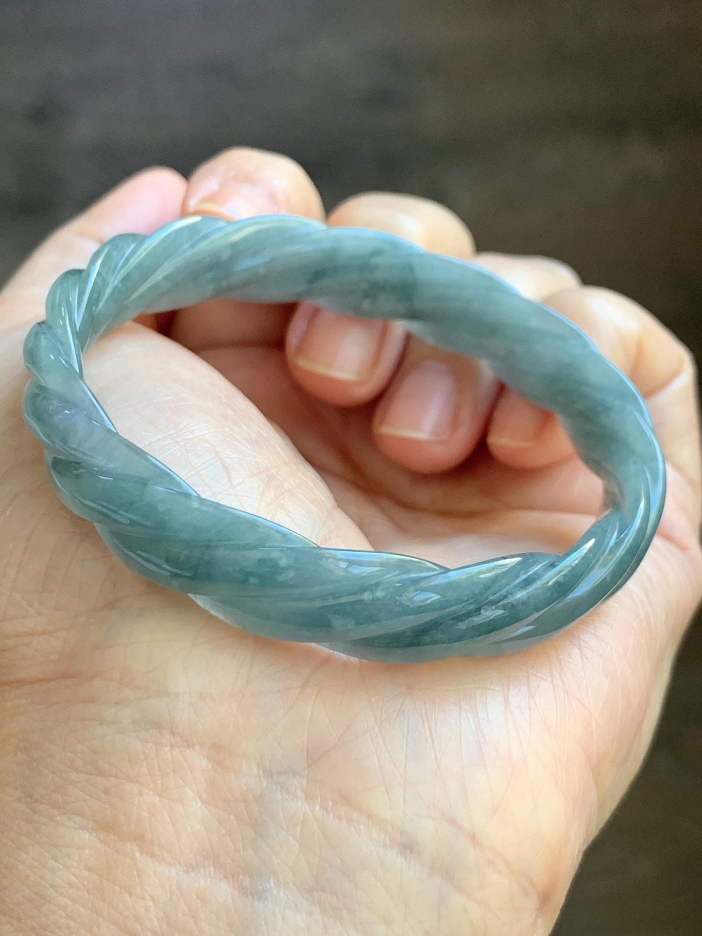 Certified Natural Grade A Guatemalan Icy Translucent Dark Dusty Blue Jade Jadeite Carved Braid Bangle 54.69mm 6.76” 26g 天然冰危暗蓝翡翠麻花手镯 472