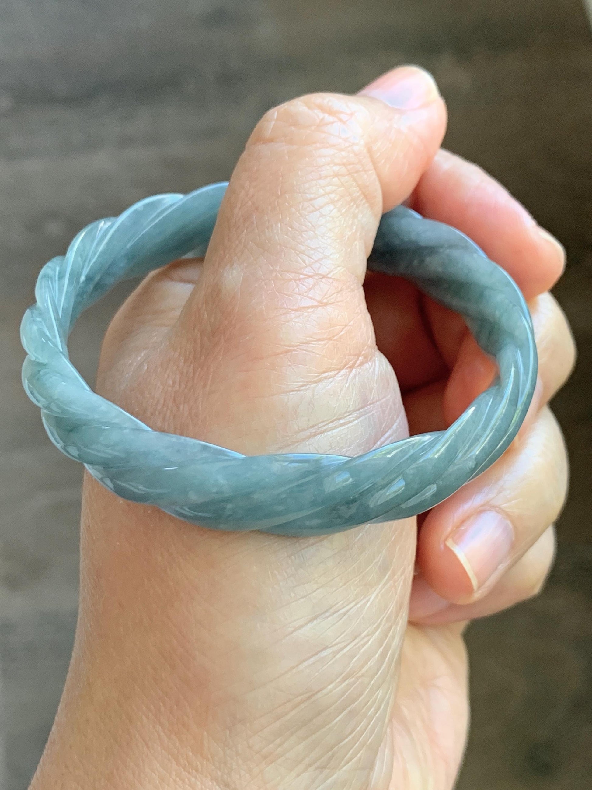 Certified Natural Grade A Guatemalan Icy Translucent Dark Dusty Blue Jade Jadeite Carved Braid Bangle 54.69mm 6.76” 26g 天然冰危暗蓝翡翠麻花手镯 472
