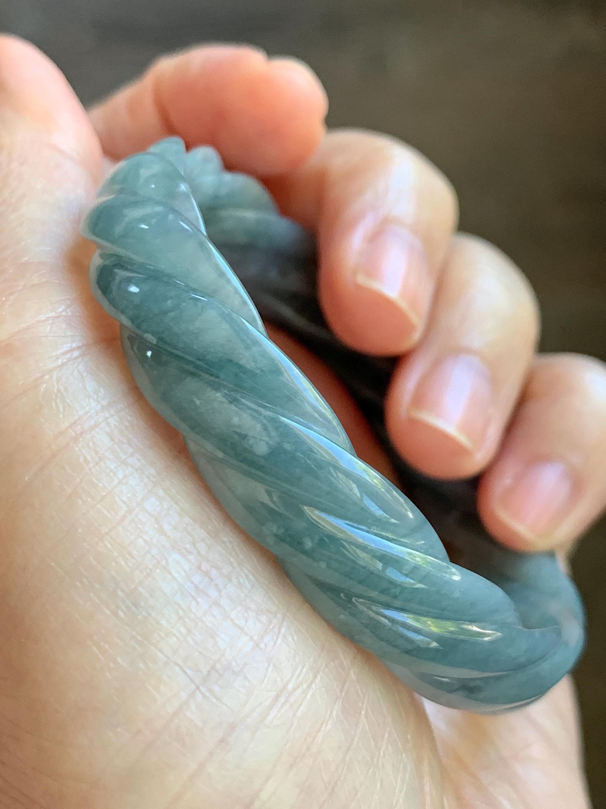 Certified Natural Grade A Guatemalan Icy Translucent Dark Dusty Blue Jade Jadeite Carved Braid Bangle 54.69mm 6.76” 26g 天然冰危暗蓝翡翠麻花手镯 472