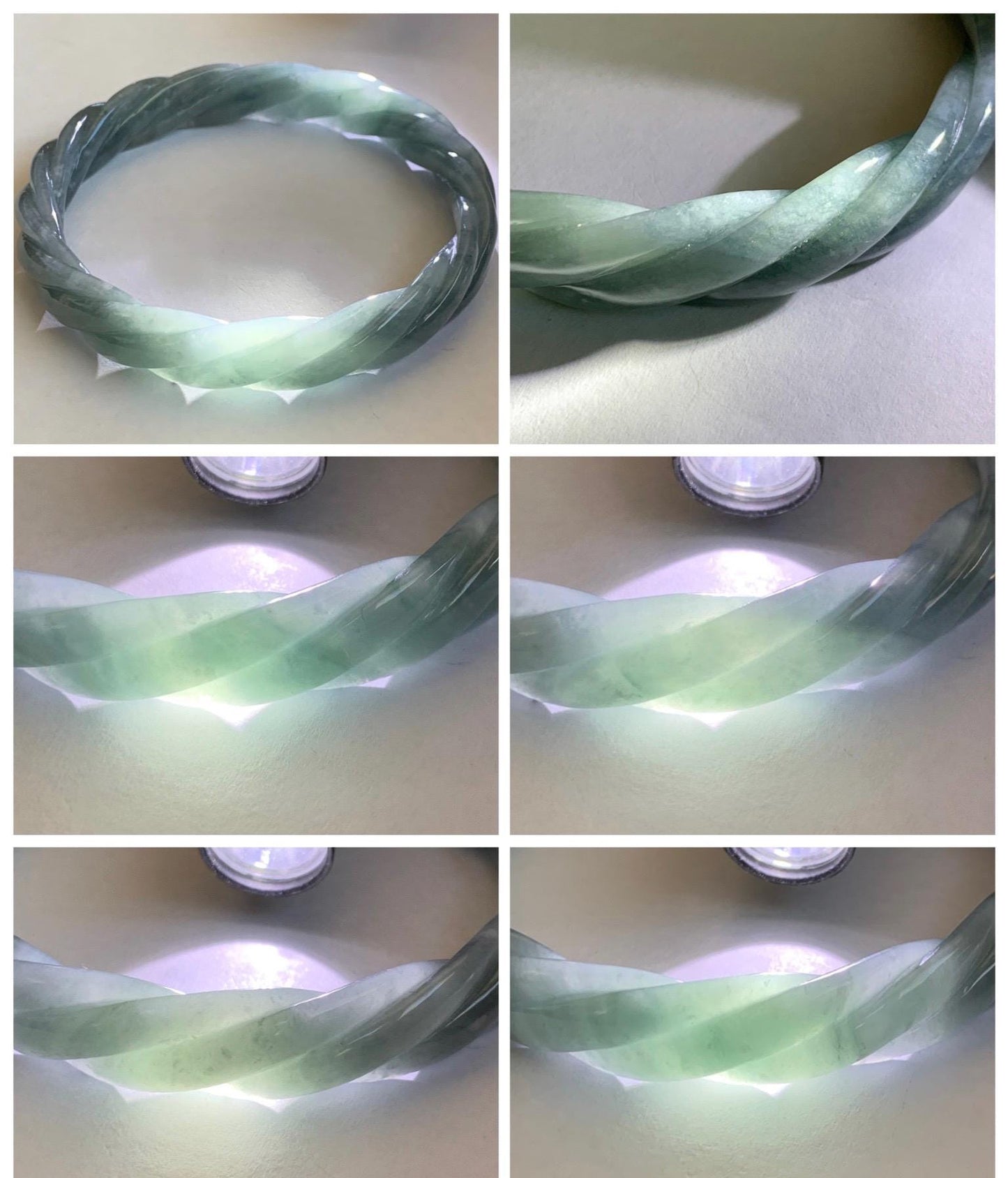 Certified Natural Grade A Guatemalan Icy Translucent Grayish Blue Jade Jadeite Carved Braid Bangle 62.2mm 7.69” 39g 天然冰危淡灰蓝翡翠麻花手镯 491