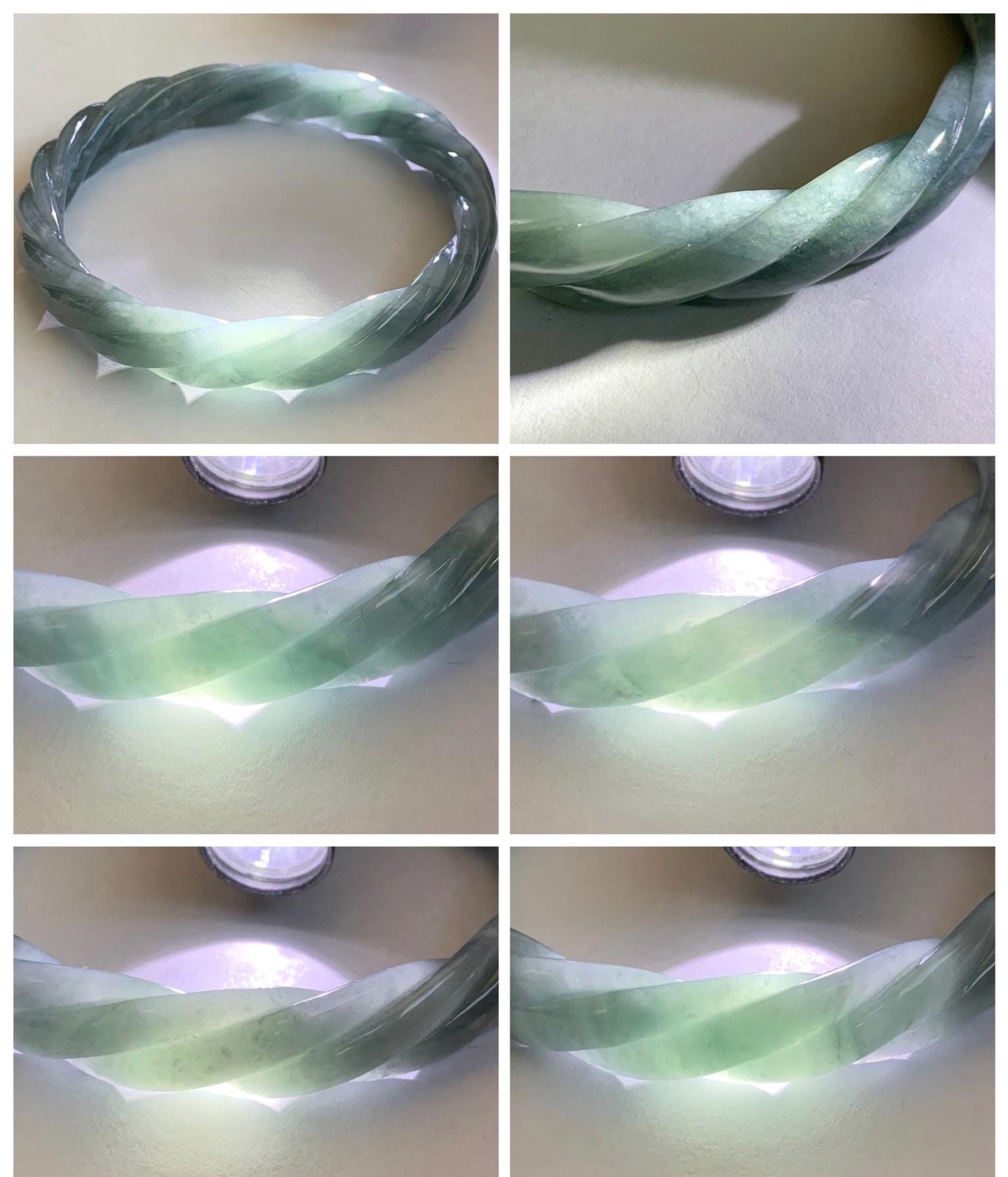 Certified Natural Grade A Guatemalan Icy Translucent Grayish Blue Jade Jadeite Carved Braid Bangle 62.2mm 7.69” 39g 天然冰危淡灰蓝翡翠麻花手镯 491