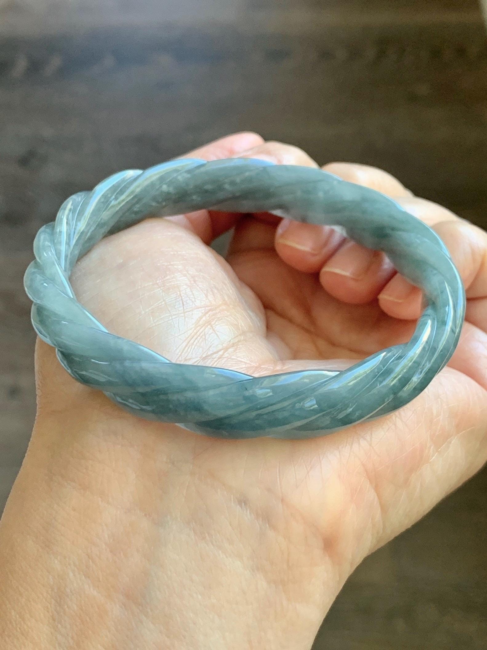 Certified Natural Grade A Guatemalan Icy Translucent Grayish Blue Jade Jadeite Carved Braid Bangle 62.2mm 7.69” 39g 天然冰危淡灰蓝翡翠麻花手镯 491