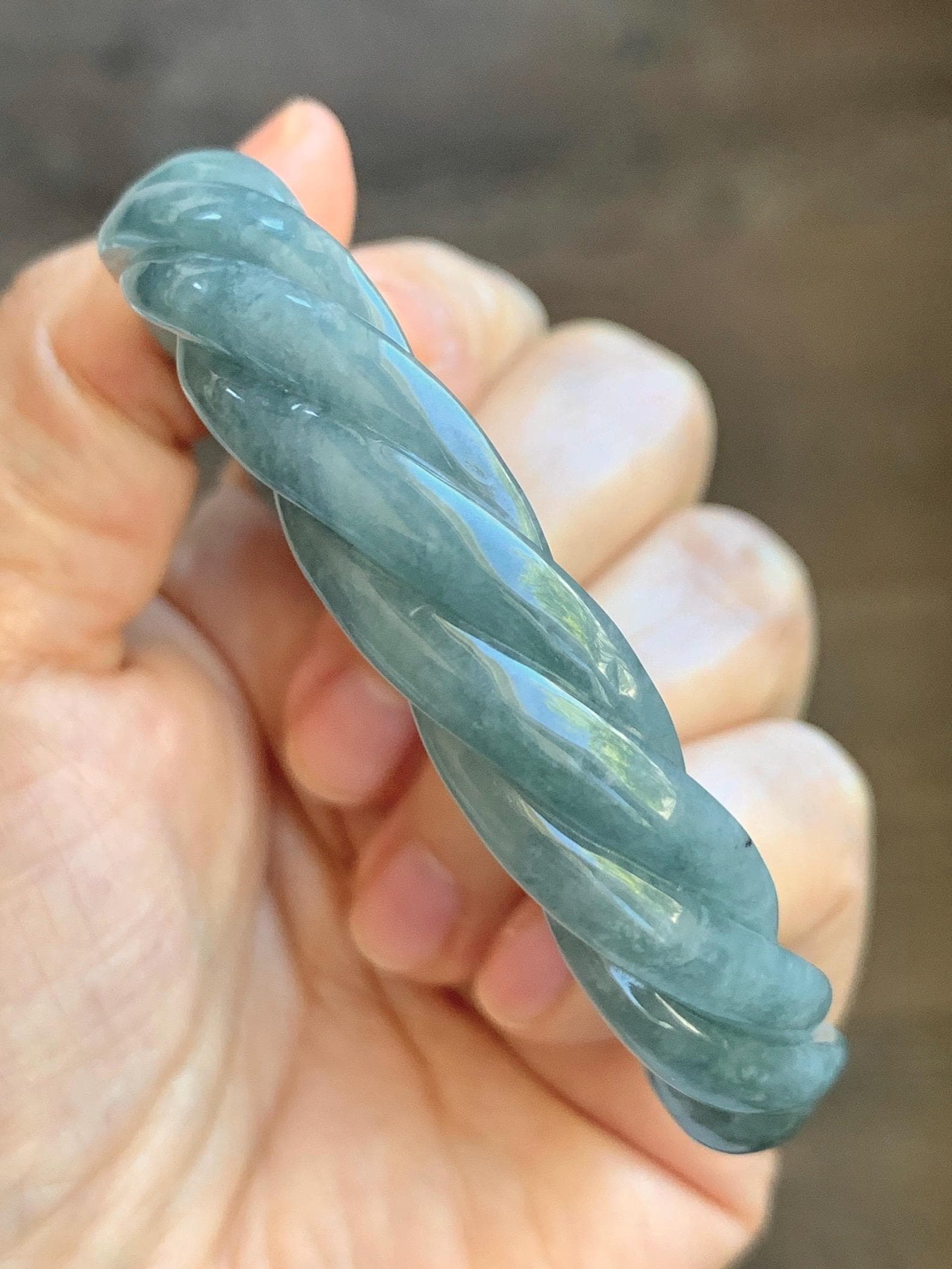 Certified Natural Grade A Guatemalan Icy Translucent Grayish Blue Jade Jadeite Carved Braid Bangle 62.2mm 7.69” 39g 天然冰危淡灰蓝翡翠麻花手镯 491