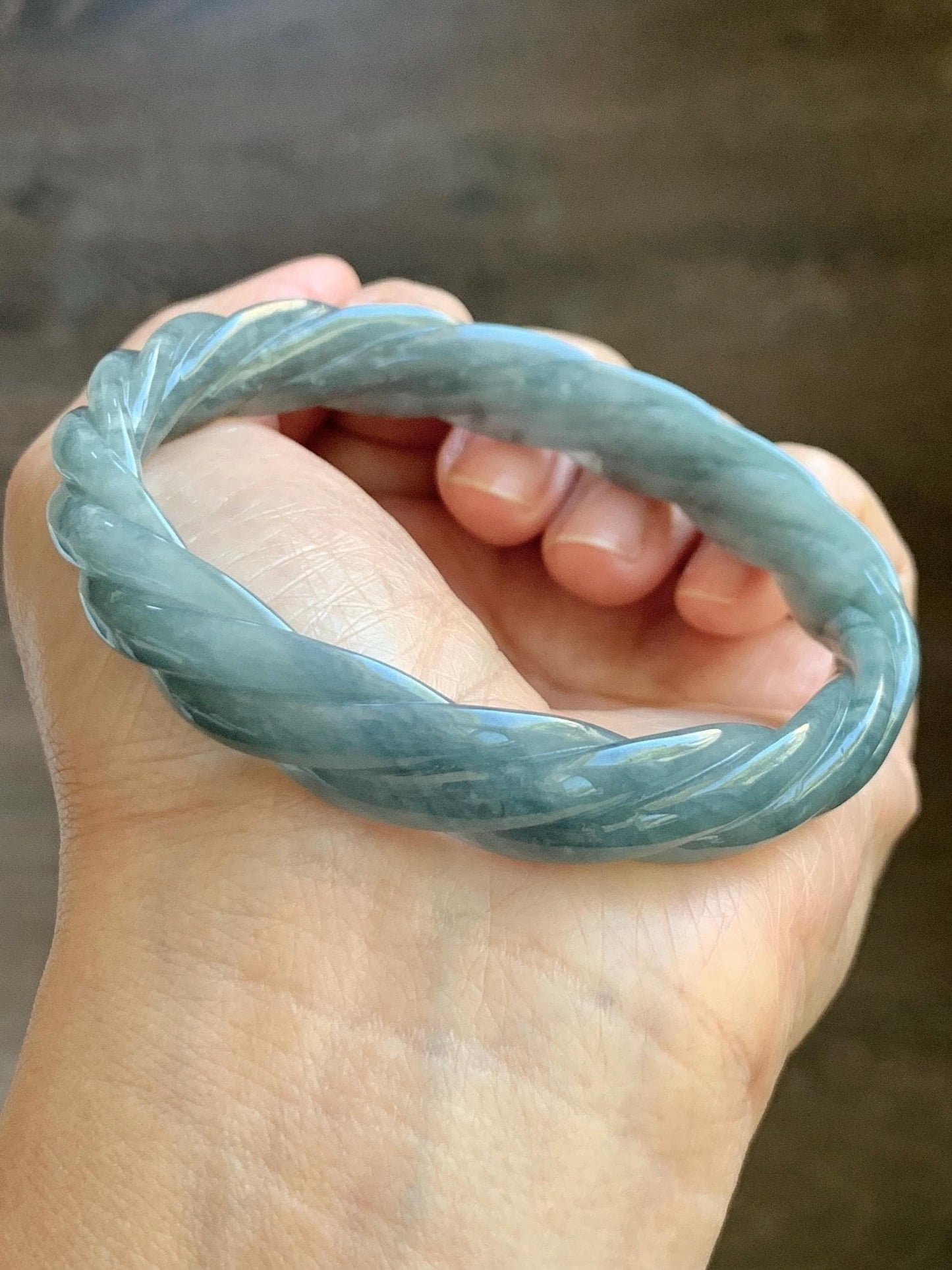 Certified Natural Grade A Guatemalan Icy Translucent Grayish Blue Jade Jadeite Carved Braid Bangle 62.2mm 7.69” 39g 天然冰危淡灰蓝翡翠麻花手镯 491