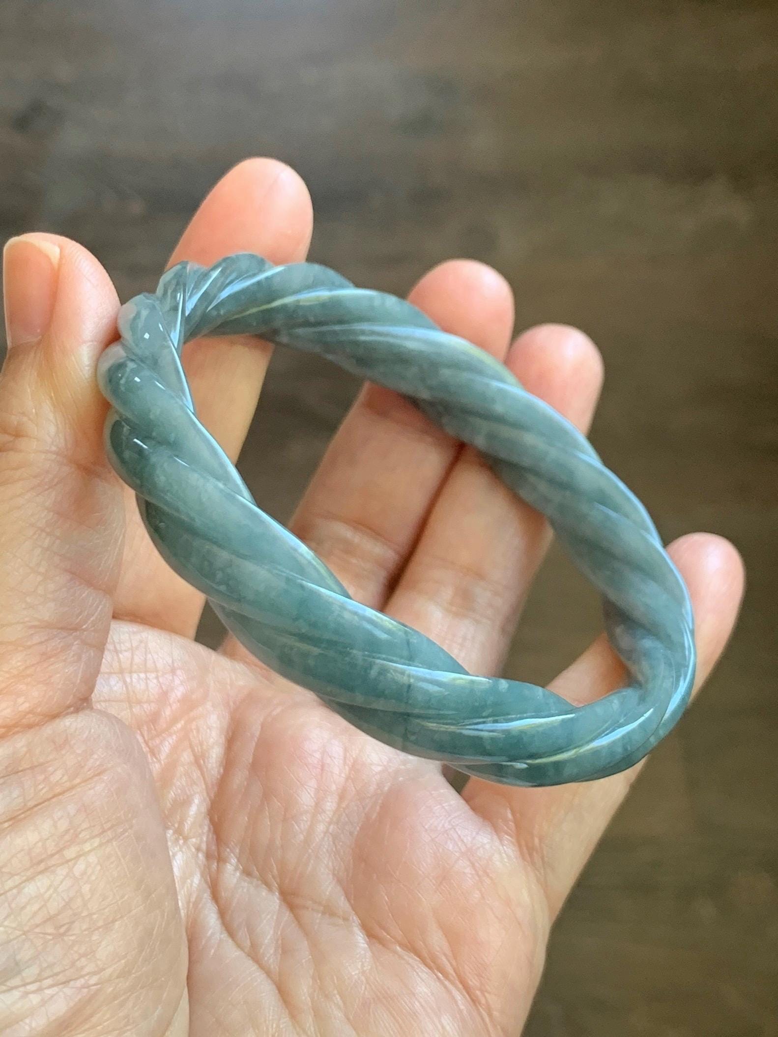 Certified Natural Grade A Guatemalan Icy Translucent Grayish Blue Jade Jadeite Carved Braid Bangle 62.2mm 7.69” 39g 天然冰危淡灰蓝翡翠麻花手镯 491