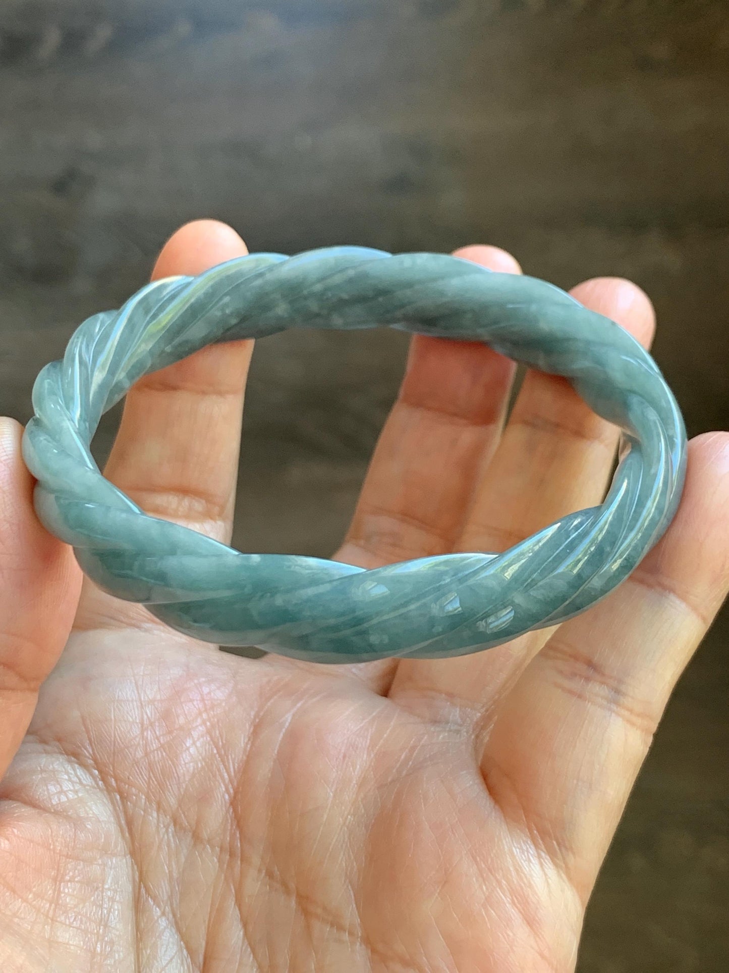 Certified Natural Grade A Guatemalan Icy Translucent Grayish Blue Jade Jadeite Carved Braid Bangle 62.2mm 7.69” 39g 天然冰危淡灰蓝翡翠麻花手镯 491