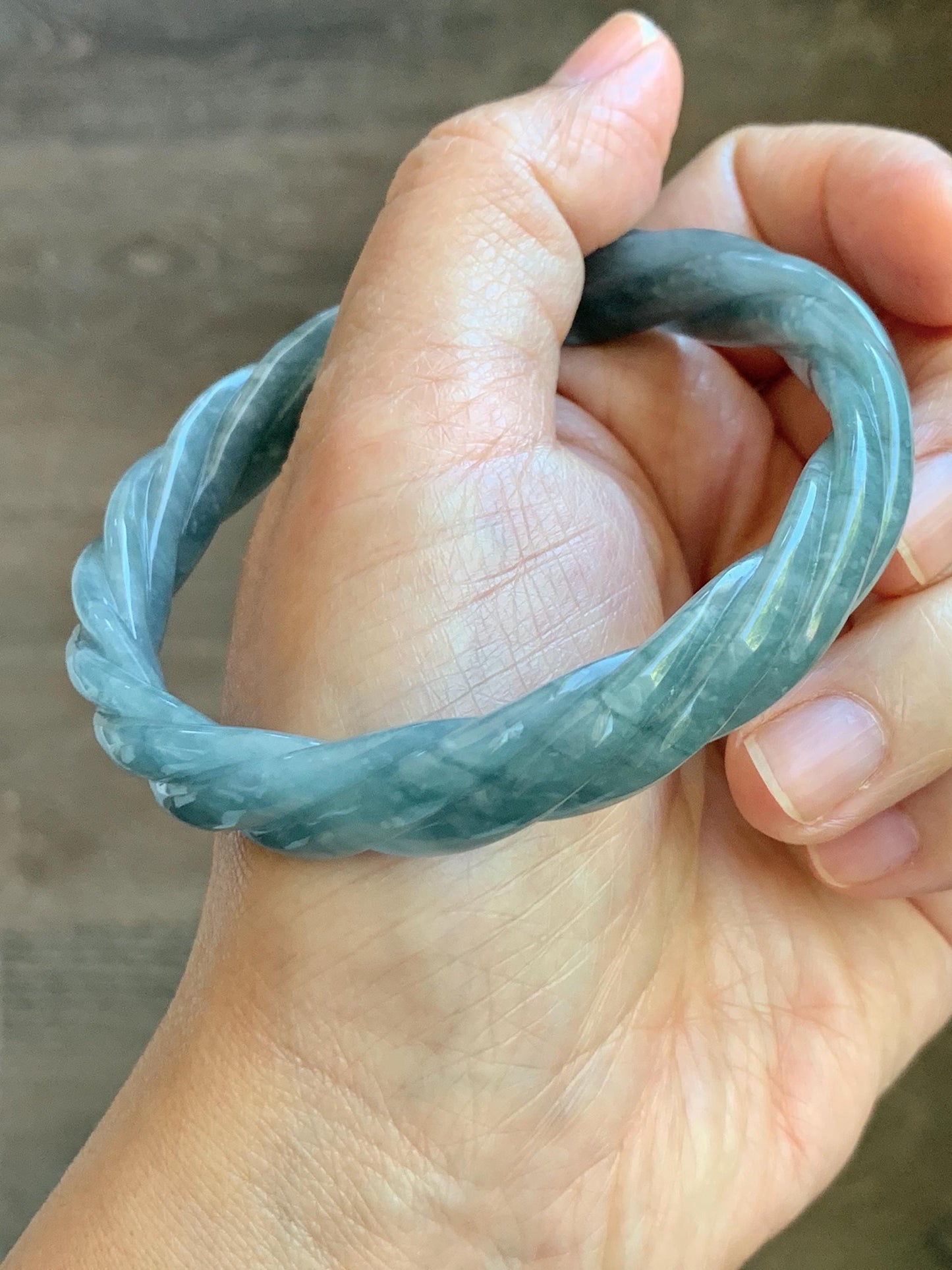 Certified Natural Grade A Guatemalan Icy Translucent Grayish Blue Jade Jadeite Carved Braid Bangle 62.2mm 7.69” 39g 天然冰危淡灰蓝翡翠麻花手镯 491