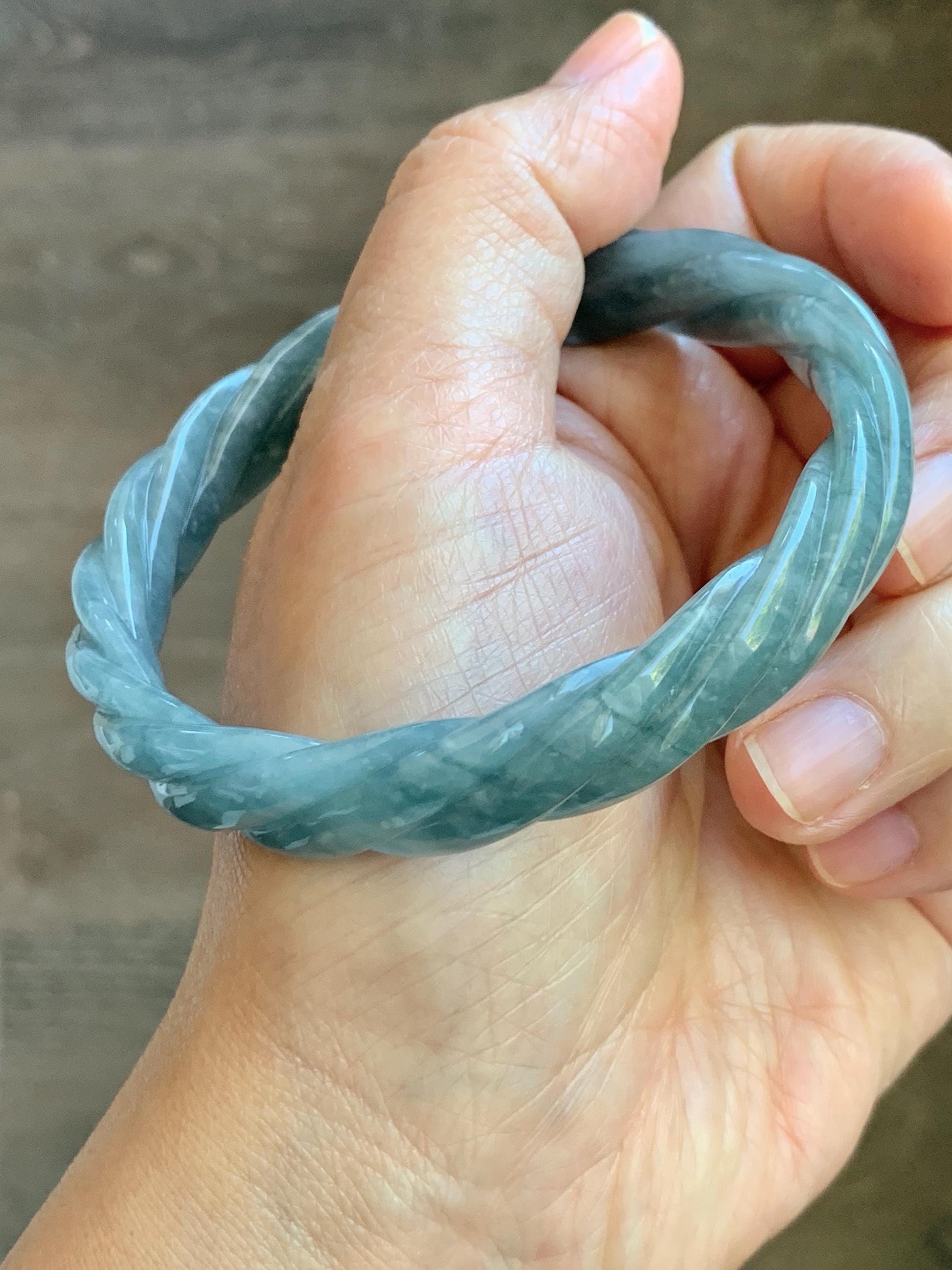 Certified Natural Grade A Guatemalan Icy Translucent Grayish Blue Jade Jadeite Carved Braid Bangle 62.2mm 7.69” 39g 天然冰危淡灰蓝翡翠麻花手镯 491