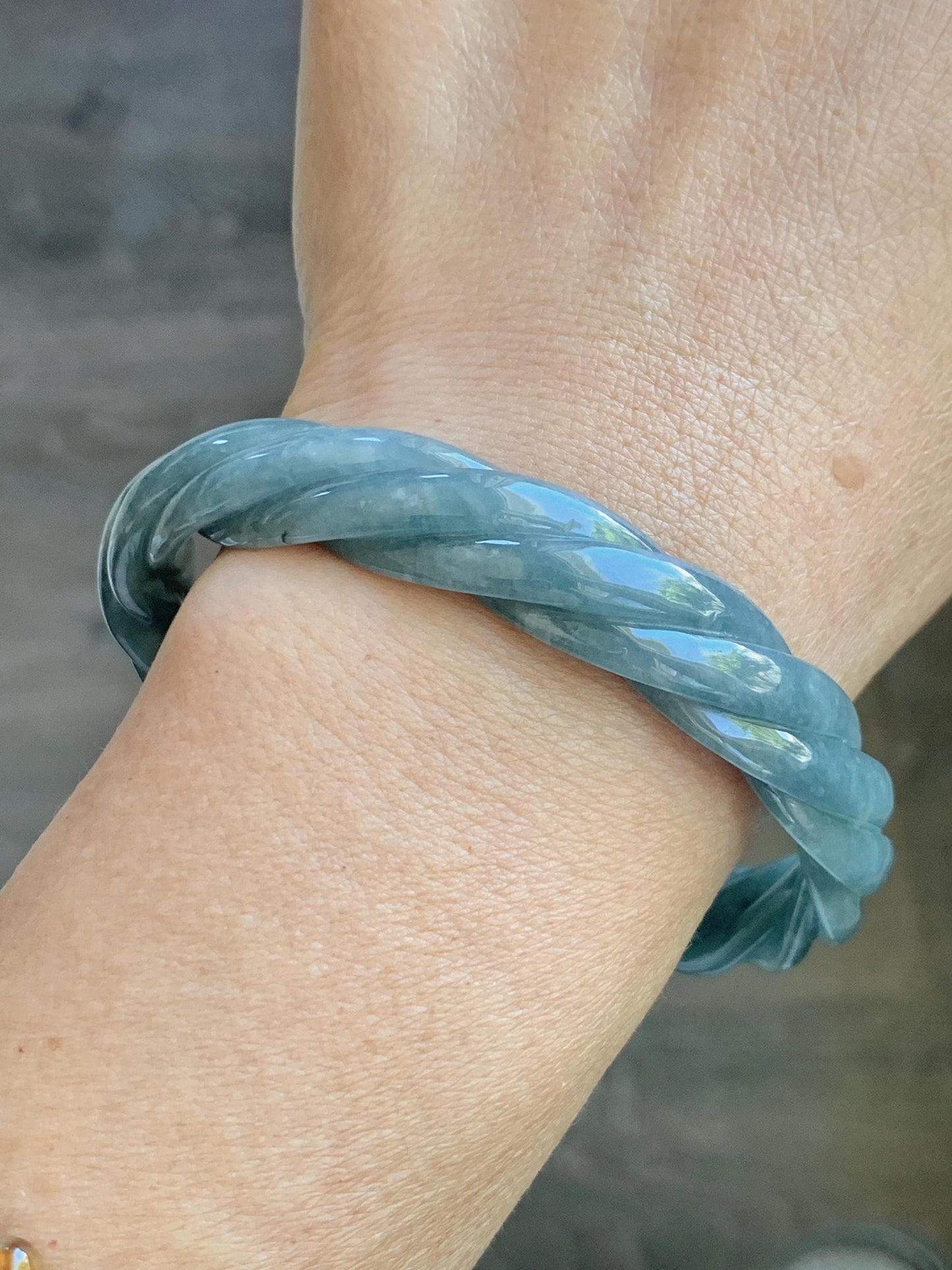 Certified Natural Grade A Guatemalan Icy Translucent Grayish Blue Jade Jadeite Carved Braid Bangle 62.2mm 7.69” 39g 天然冰危淡灰蓝翡翠麻花手镯 491