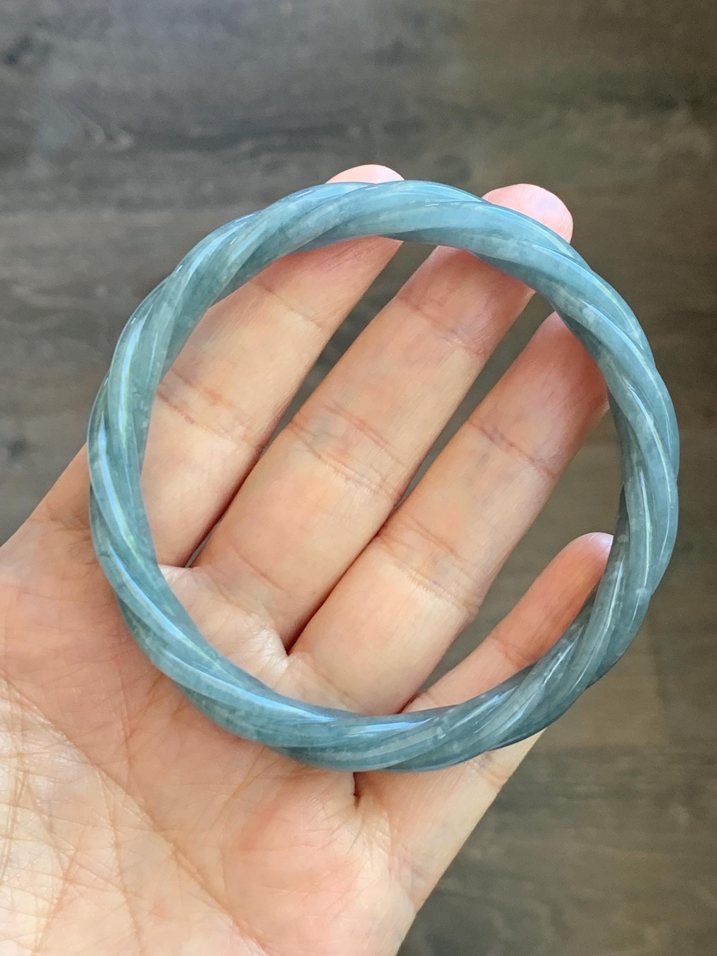 Certified Natural Grade A Guatemalan Icy Translucent Grayish Blue Jade Jadeite Carved Braid Bangle 62.2mm 7.69” 39g 天然冰危淡灰蓝翡翠麻花手镯 491