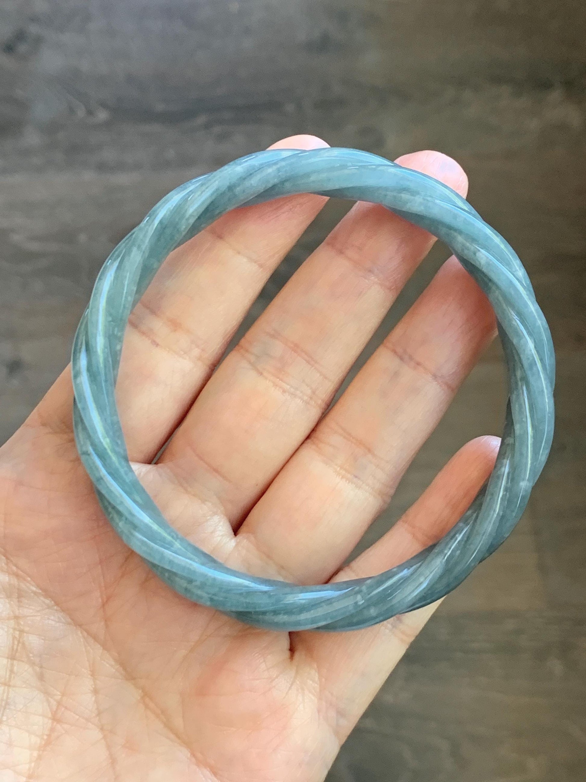 Certified Natural Grade A Guatemalan Icy Translucent Grayish Blue Jade Jadeite Carved Braid Bangle 62.2mm 7.69” 39g 天然冰危淡灰蓝翡翠麻花手镯 491