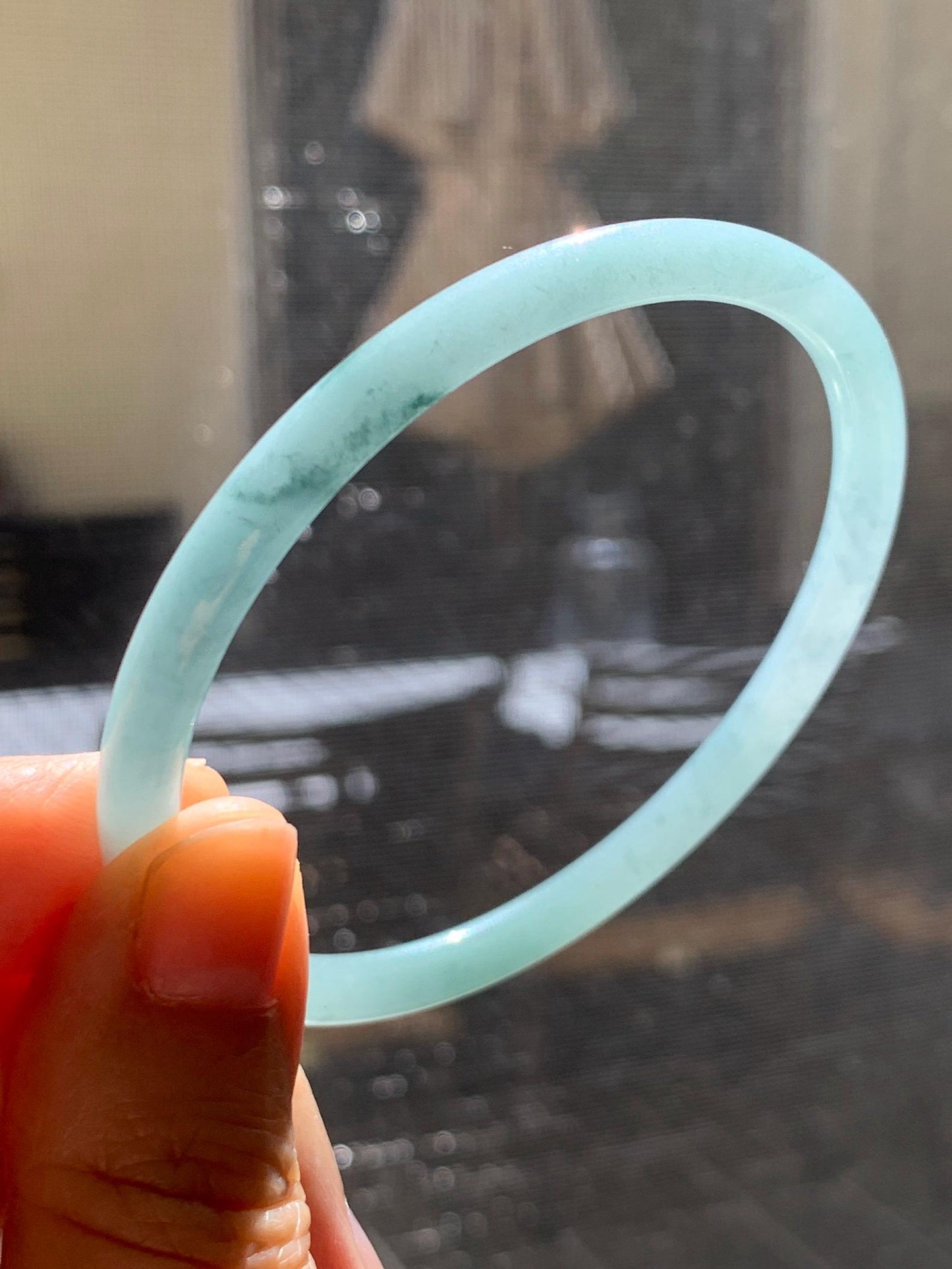 Certified Natural Grade A Guatemalan Icy Translucent Light Dusty Blue Jade Jadeite Slim Bangle 60mm 7.42" 16g 天然冰危浅蓝翡翠细圆条手镯 508