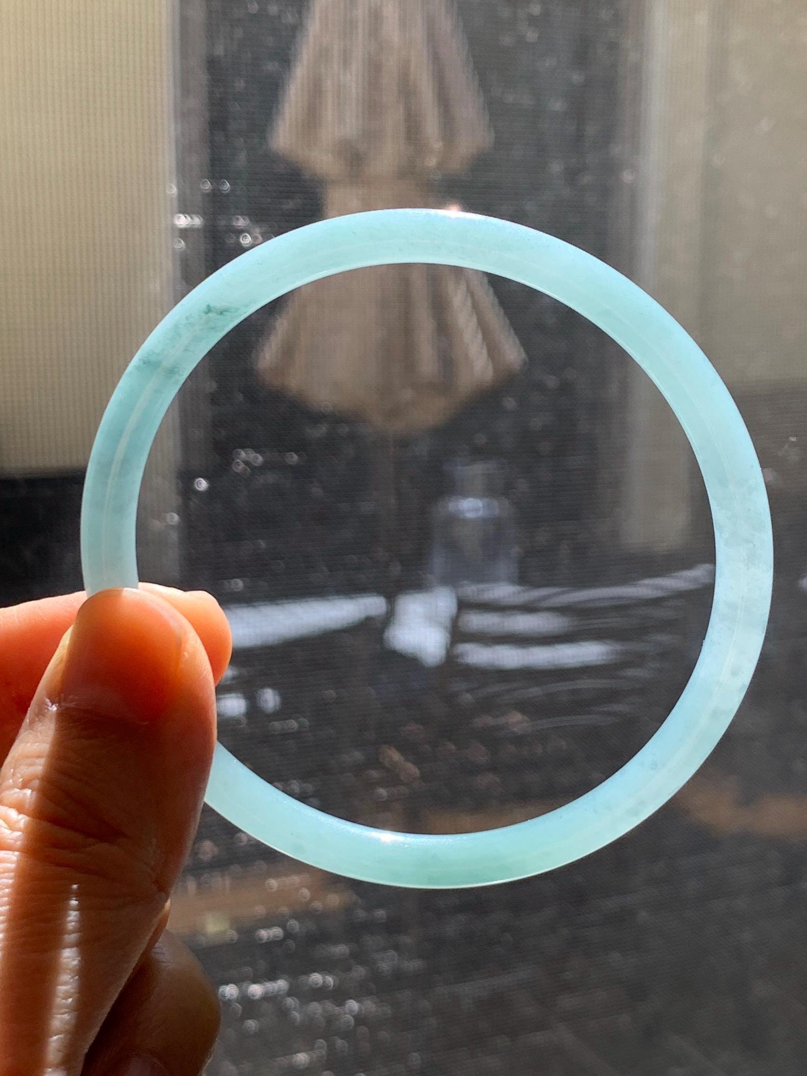 Certified Natural Grade A Guatemalan Icy Translucent Light Dusty Blue Jade Jadeite Slim Bangle 60mm 7.42" 16g 天然冰危浅蓝翡翠细圆条手镯 508