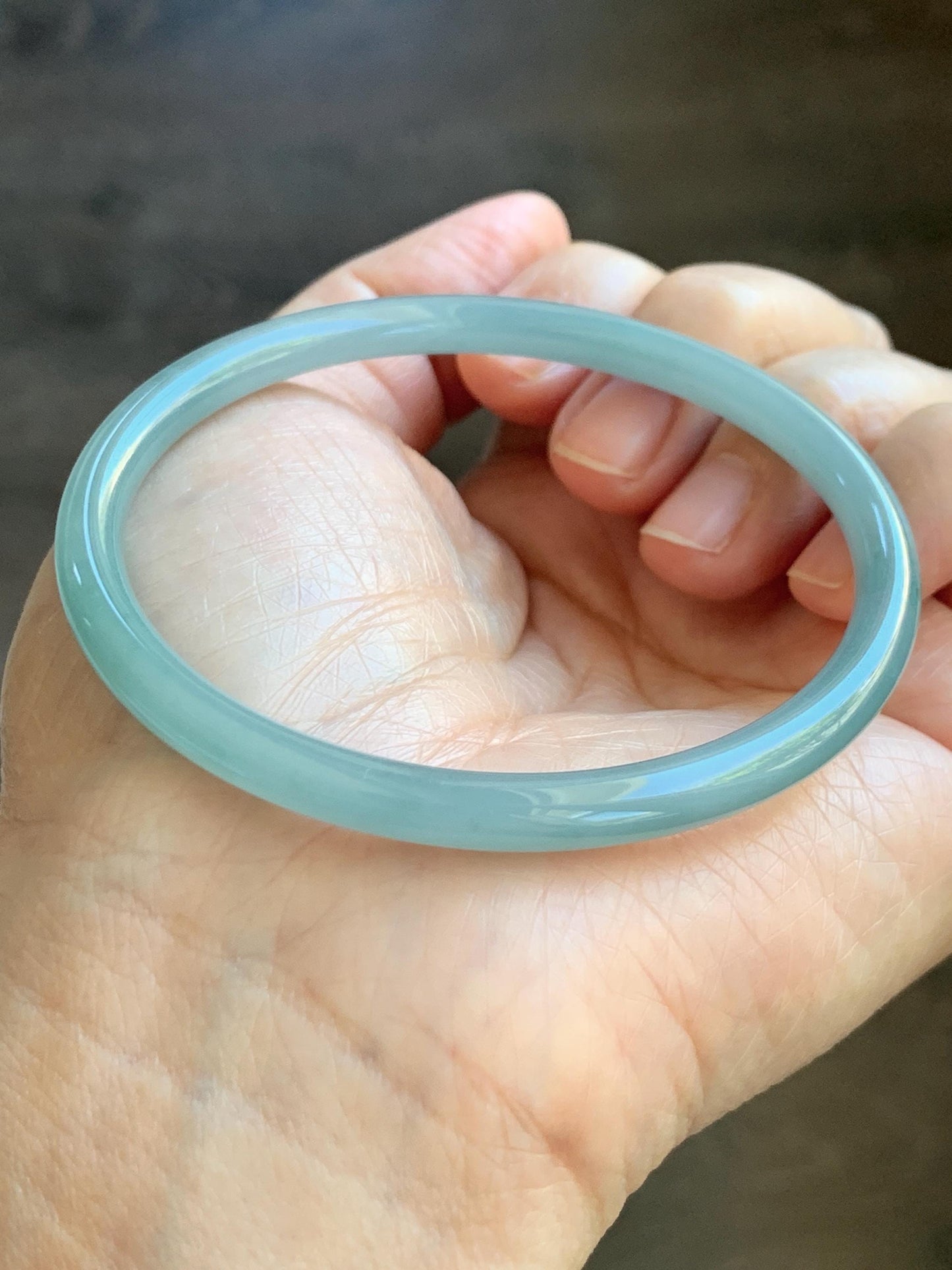 Certified Natural Grade A Guatemalan Icy Translucent Light Dusty Blue Jade Jadeite Slim Bangle 60mm 7.42" 16g 天然冰危浅蓝翡翠细圆条手镯 508