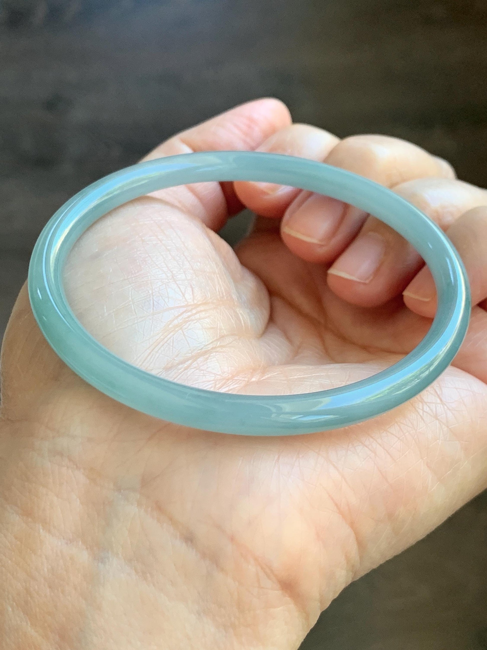 Certified Natural Grade A Guatemalan Icy Translucent Light Dusty Blue Jade Jadeite Slim Bangle 60mm 7.42" 16g 天然冰危浅蓝翡翠细圆条手镯 508