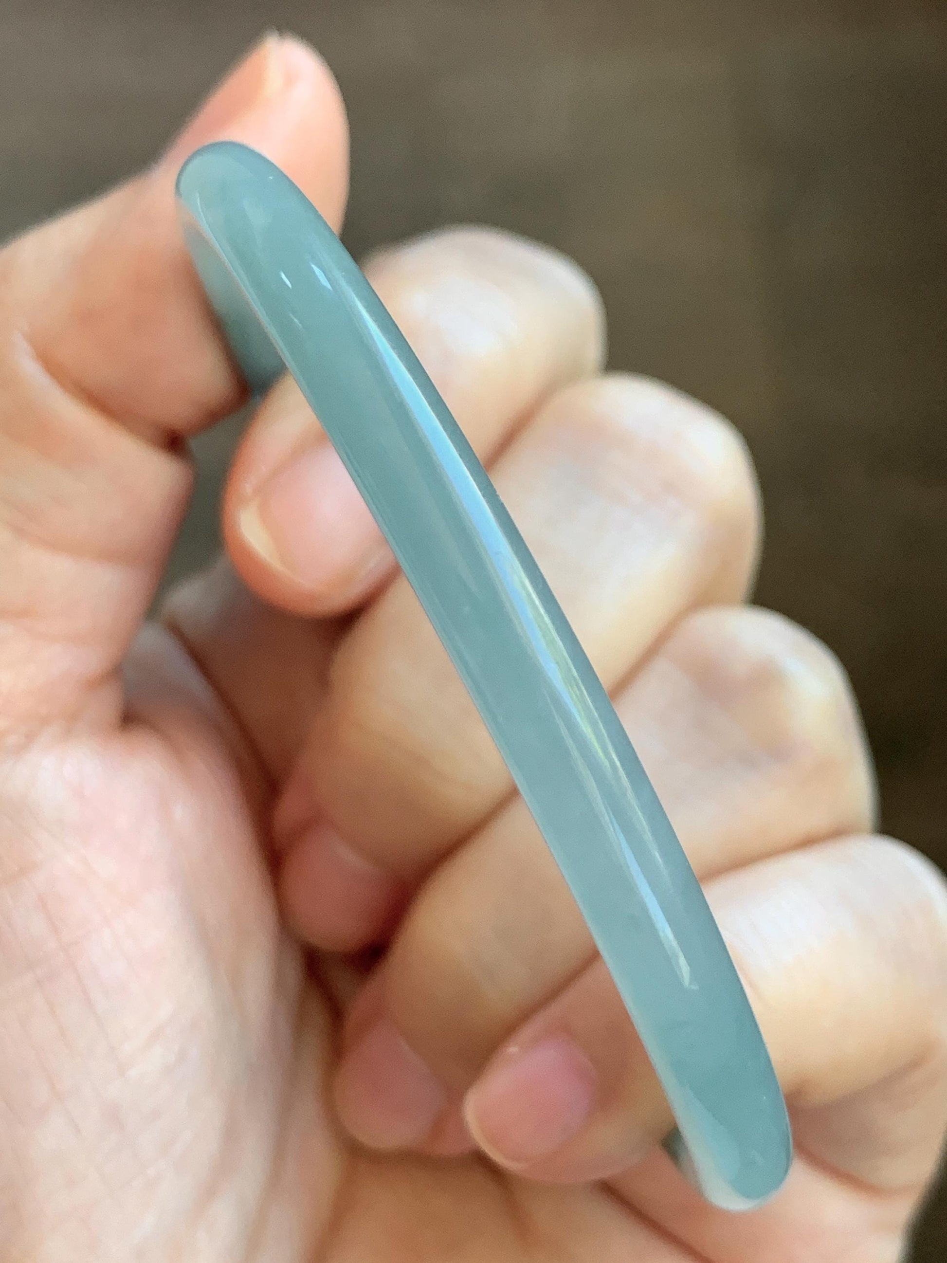Certified Natural Grade A Guatemalan Icy Translucent Light Dusty Blue Jade Jadeite Slim Bangle 60mm 7.42" 16g 天然冰危浅蓝翡翠细圆条手镯 508