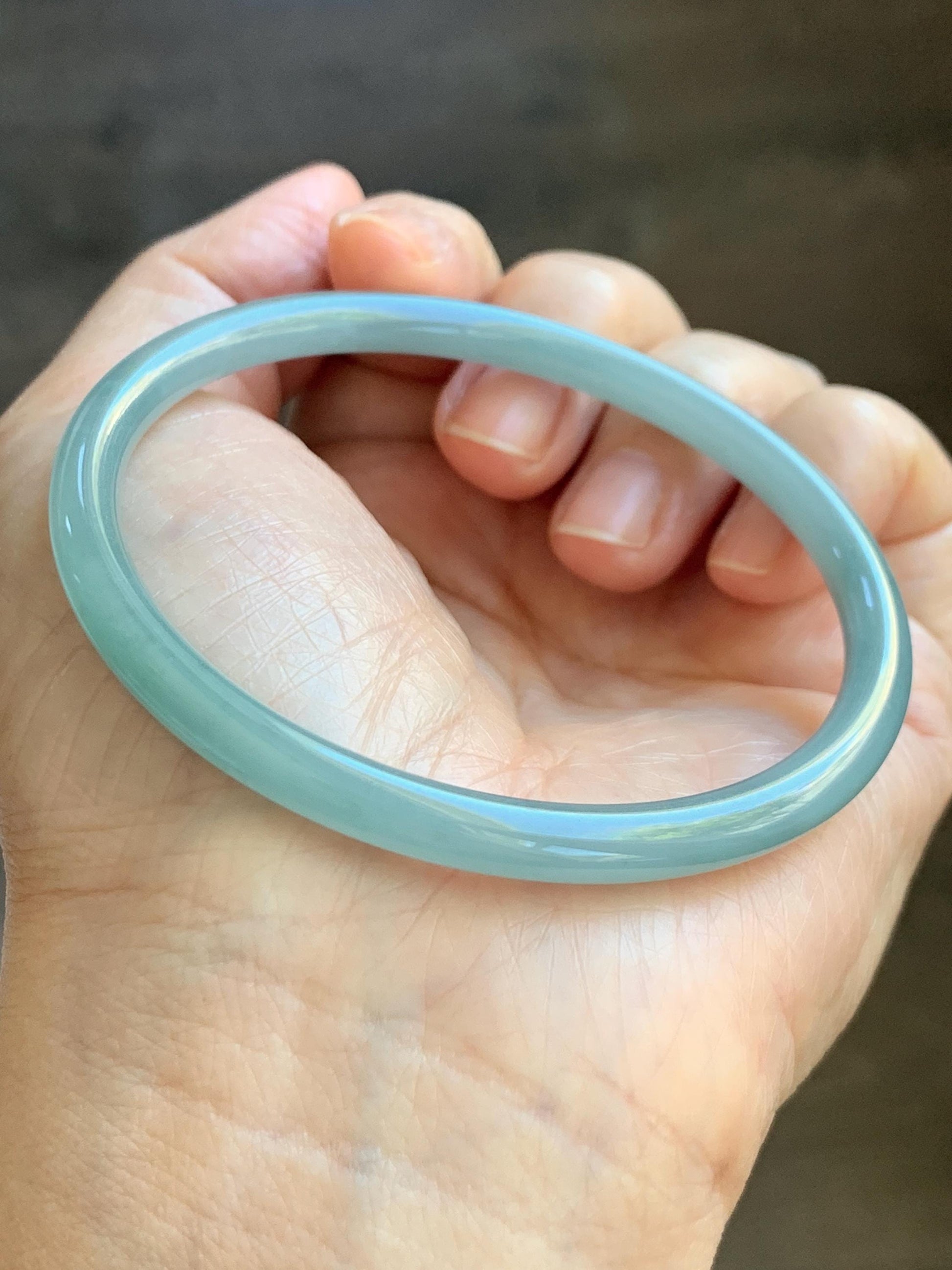 Certified Natural Grade A Guatemalan Icy Translucent Light Dusty Blue Jade Jadeite Slim Bangle 60mm 7.42" 16g 天然冰危浅蓝翡翠细圆条手镯 508