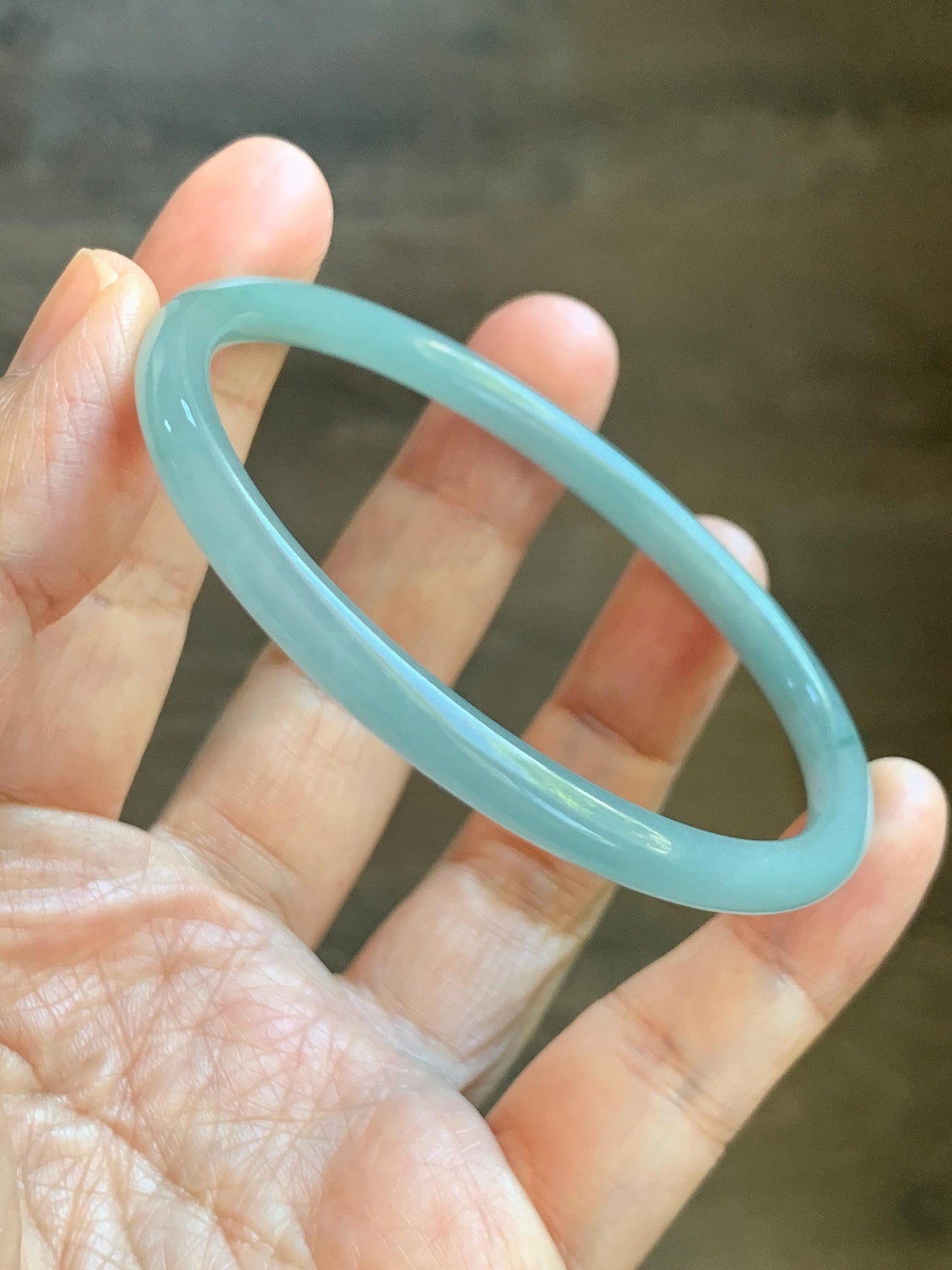 Certified Natural Grade A Guatemalan Icy Translucent Light Dusty Blue Jade Jadeite Slim Bangle 60mm 7.42" 16g 天然冰危浅蓝翡翠细圆条手镯 508