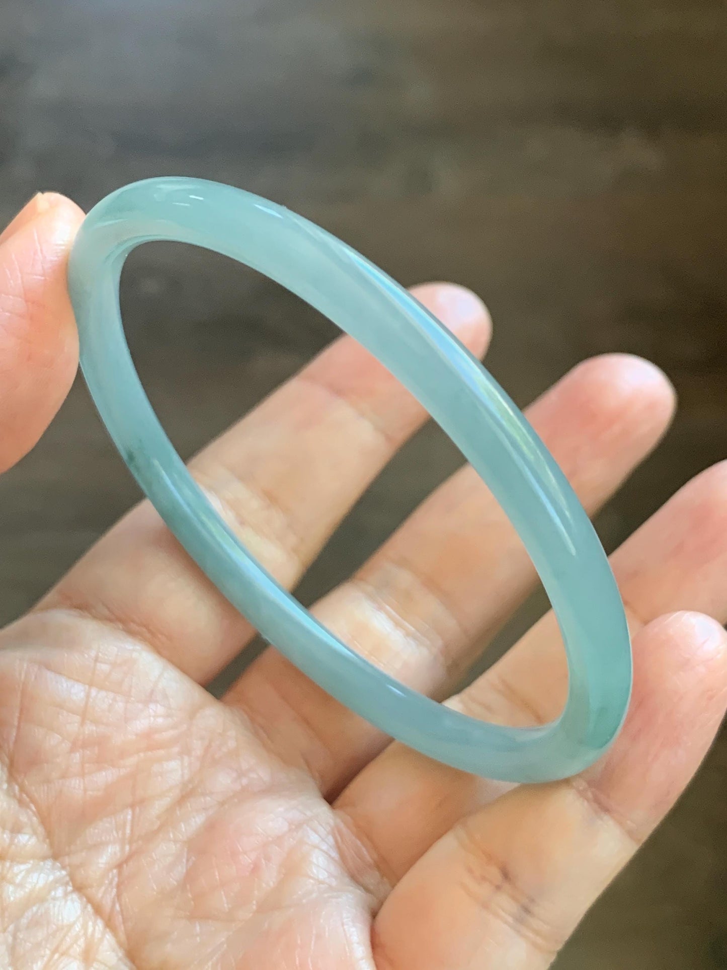 Certified Natural Grade A Guatemalan Icy Translucent Light Dusty Blue Jade Jadeite Slim Bangle 60mm 7.42" 16g 天然冰危浅蓝翡翠细圆条手镯 508