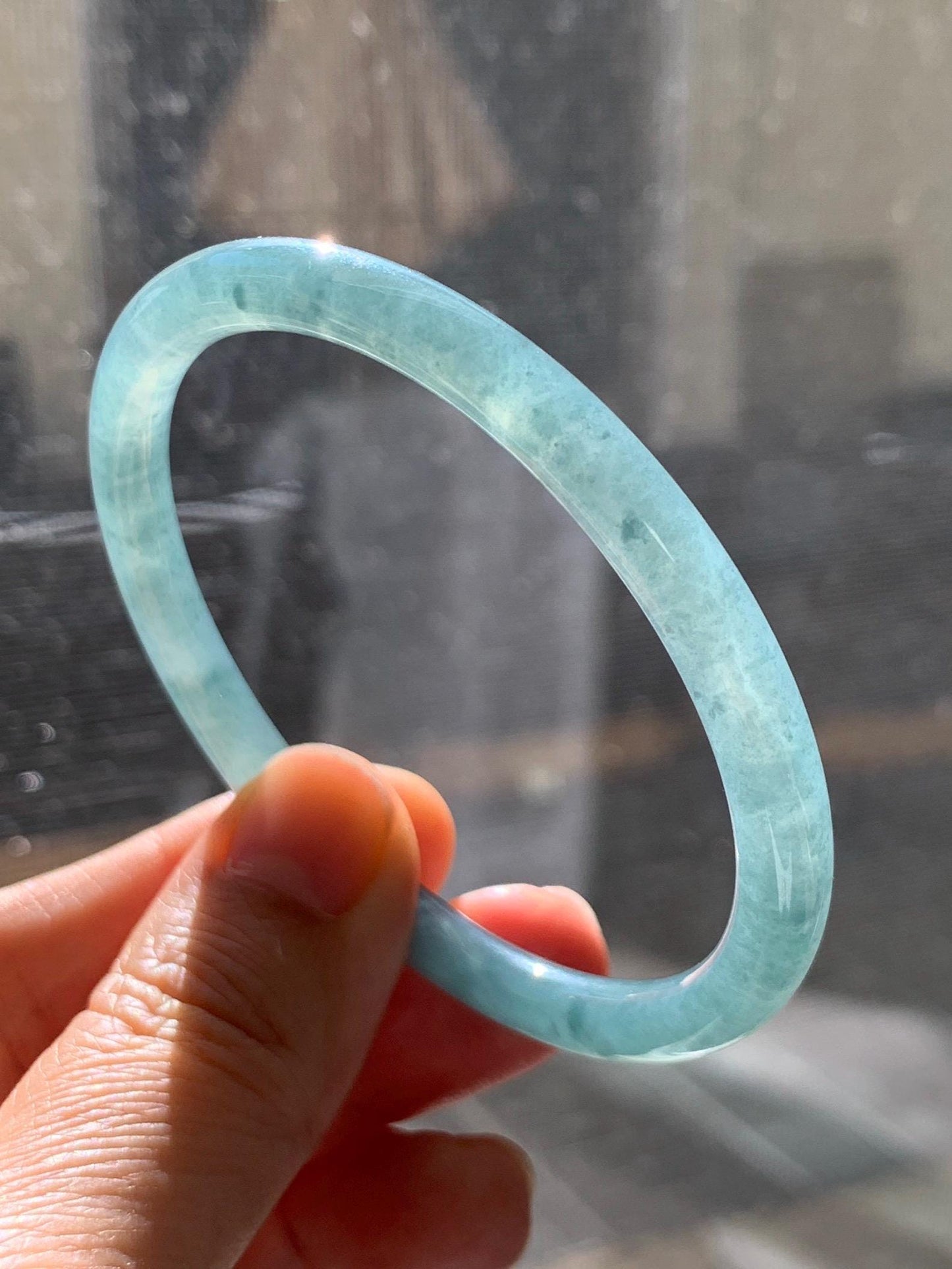 Certified Natural Grade A Guatemalan Icy Translucent Dusty Teal Blue Jade Jadeite Slim Bangle 56.33mm 6.96” 18.45g 天然冰胶危蓝绿翡翠细圆条手镯 507